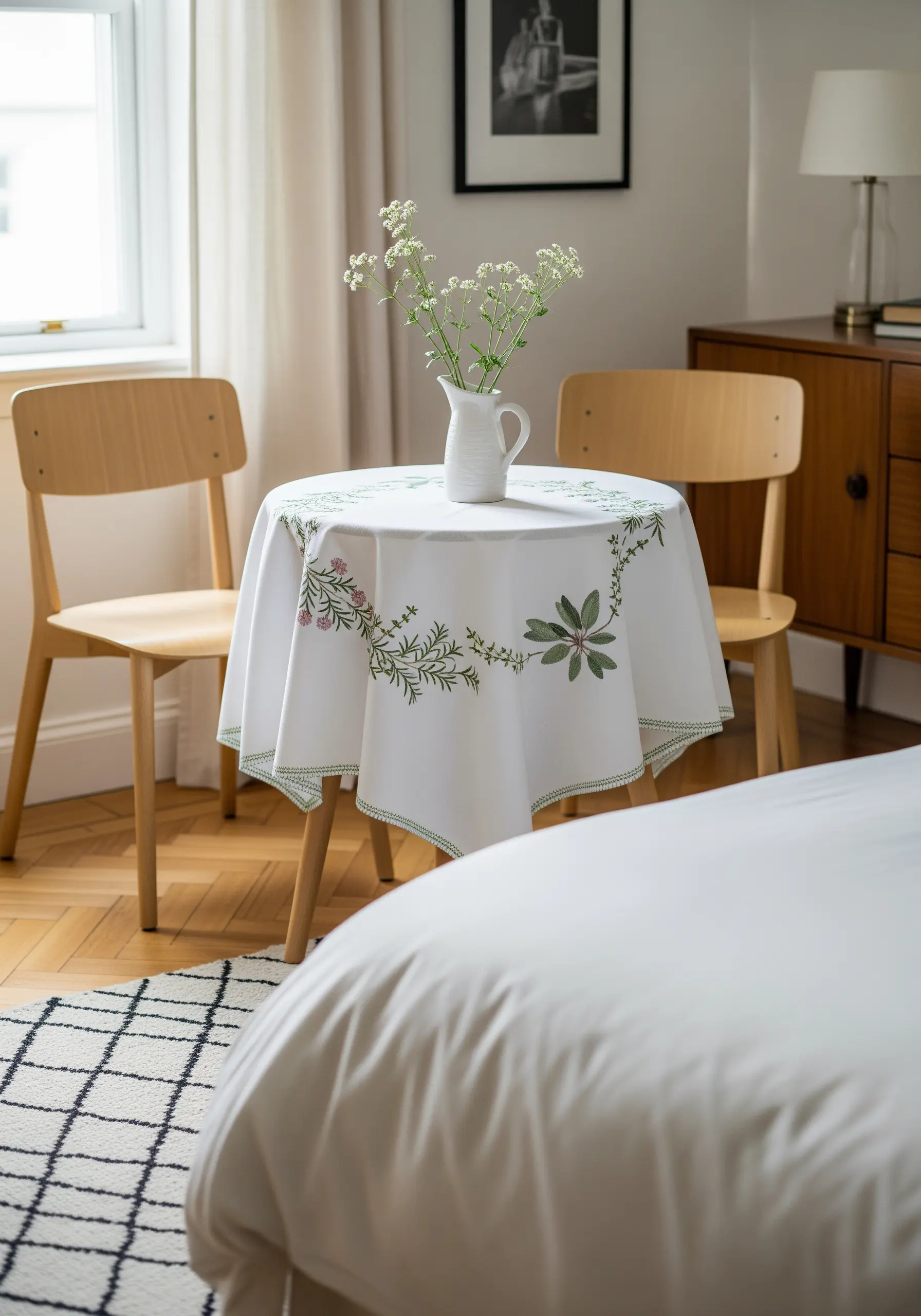 A white tablecloth on a small table, featuring an asymmetrical border of embroidered leaves and flowers.