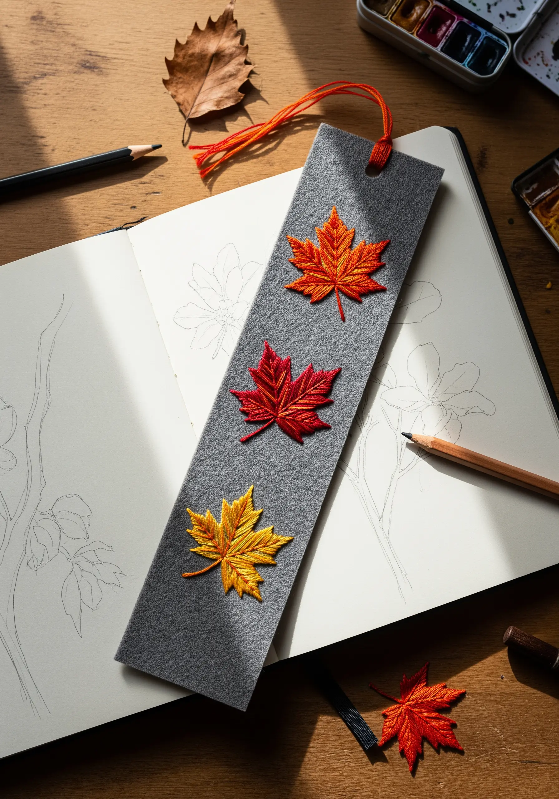 Three embroidered maple leaves in red, orange, and yellow on a grey felt bookmark.