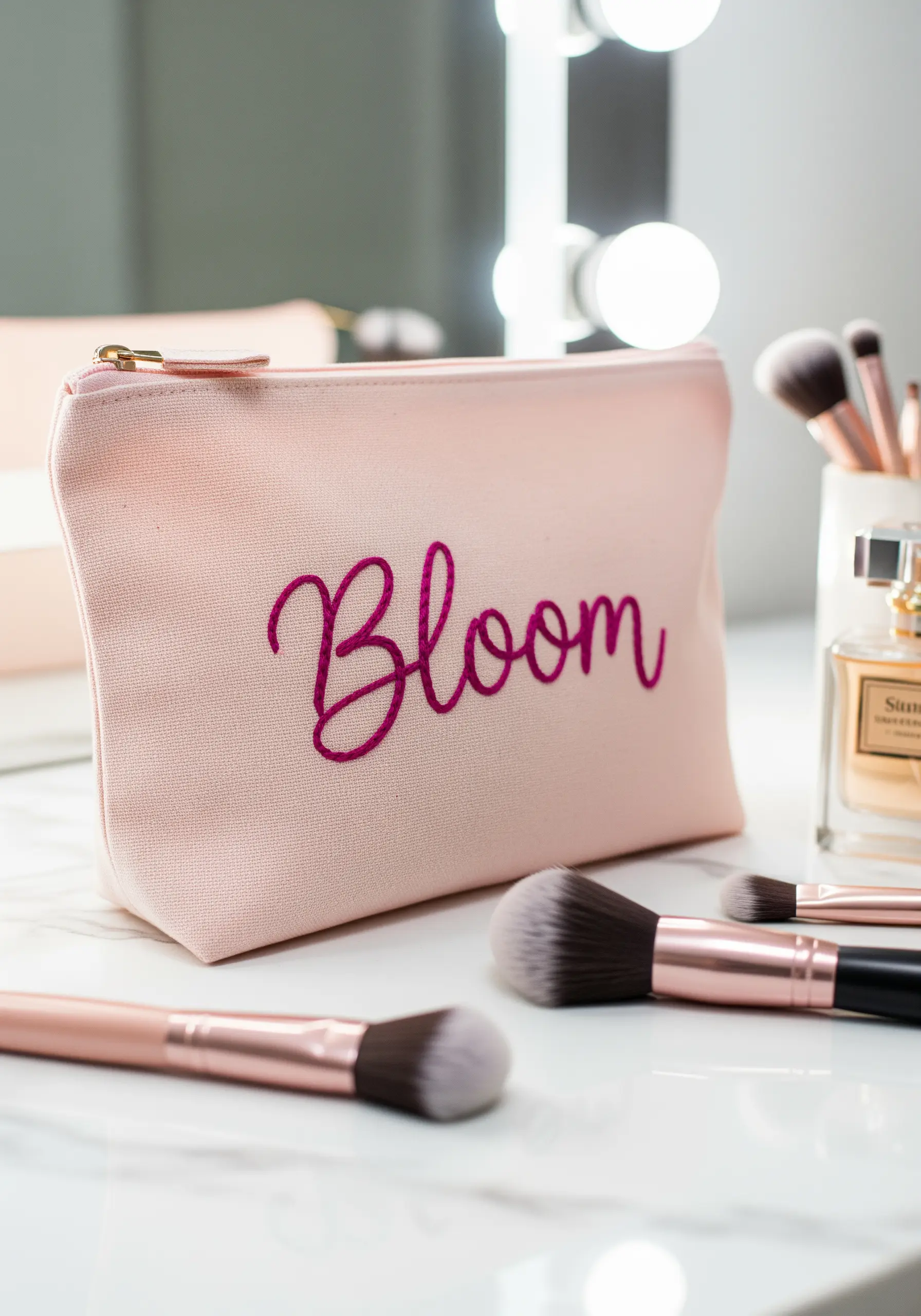 A pink canvas makeup bag with the word 'Bloom' embroidered in a bold, purple chain stitch script.