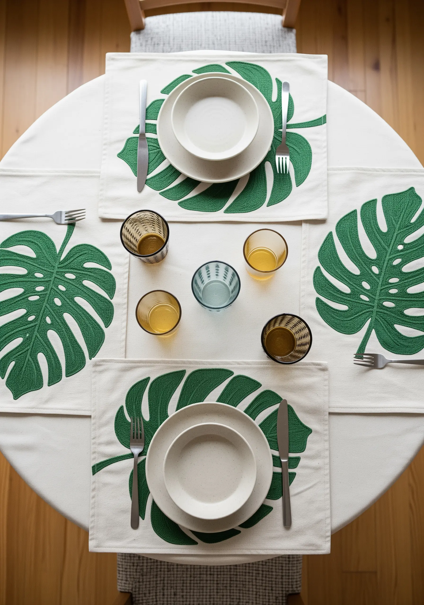 Off-white placemats with a large, satin-stitched green Monstera leaf design.