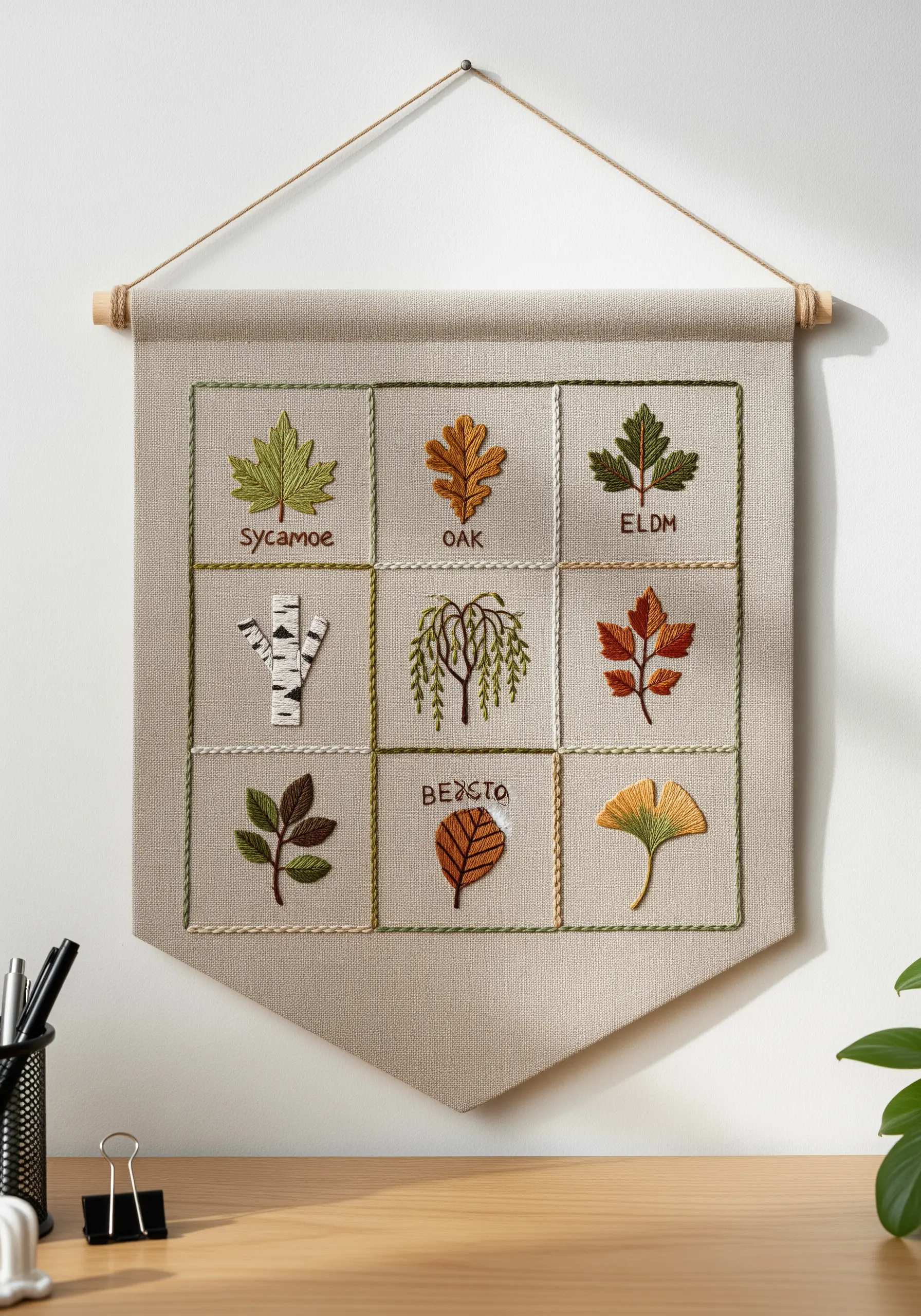 A wall hanging featuring a nine-square grid, each with a different embroidered leaf or tree.