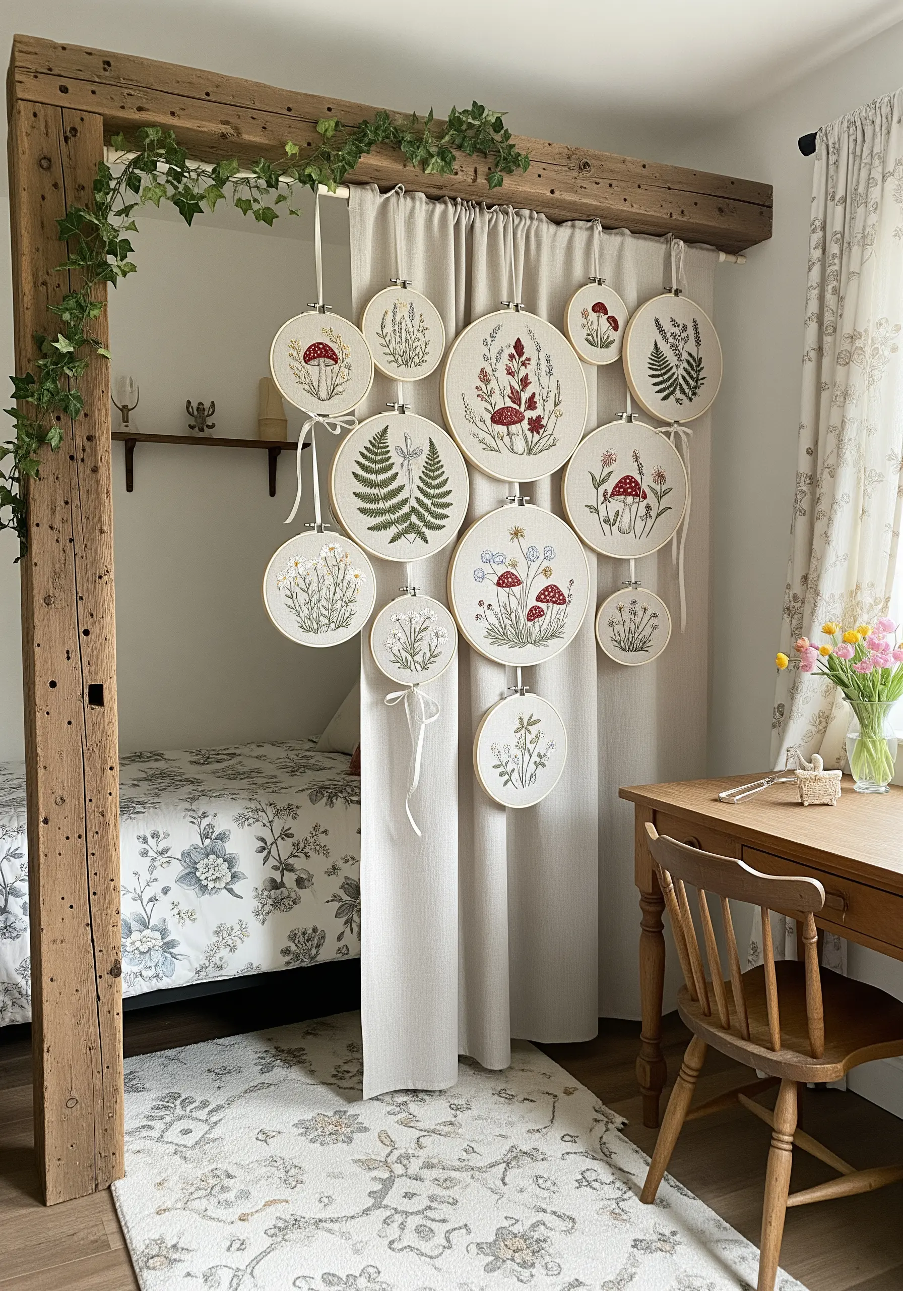 Delicate botanical embroidery of ferns and wildflowers on off-white linen.