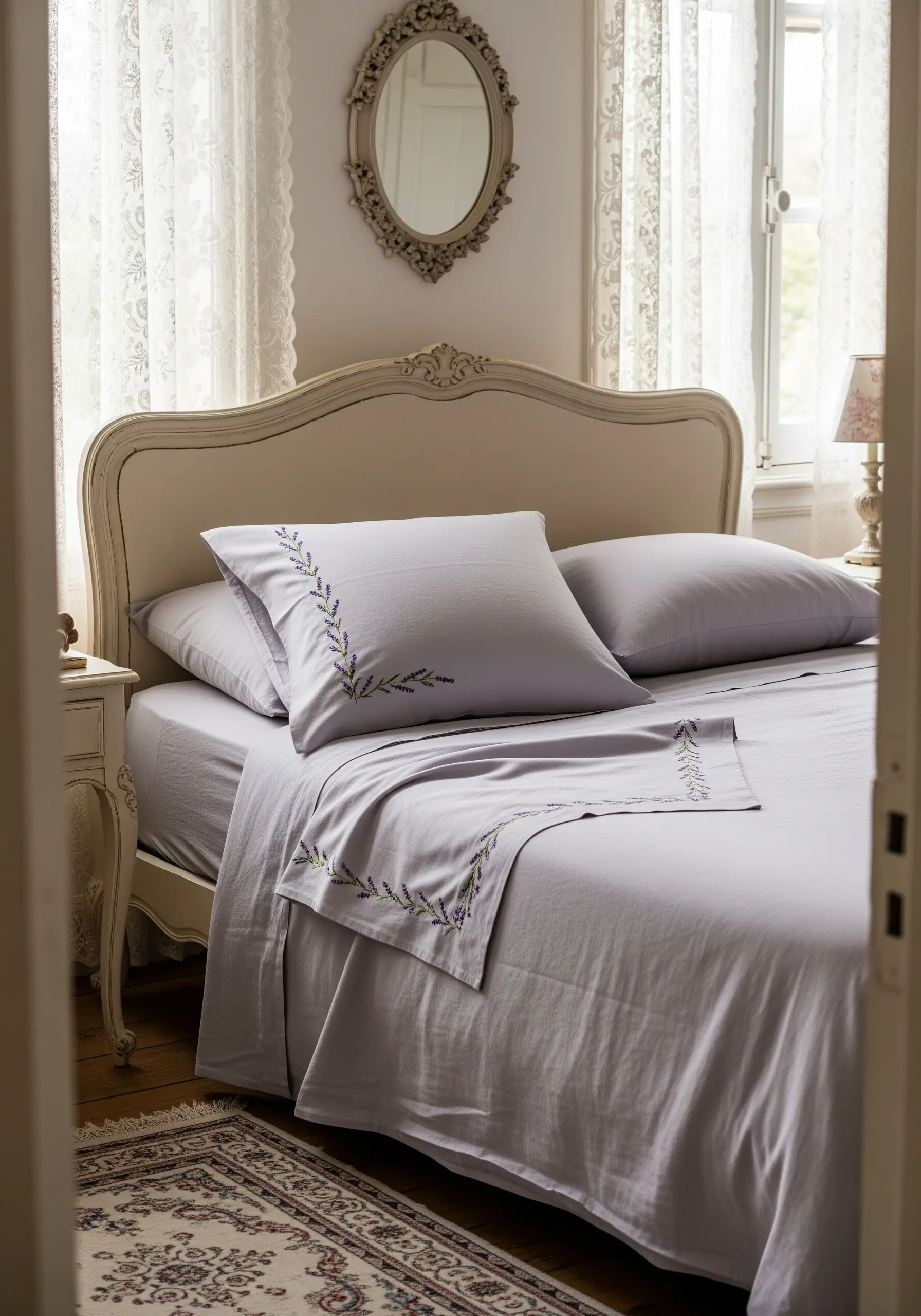 A delicate embroidered sprig of lavender on a pale lilac pillowcase.