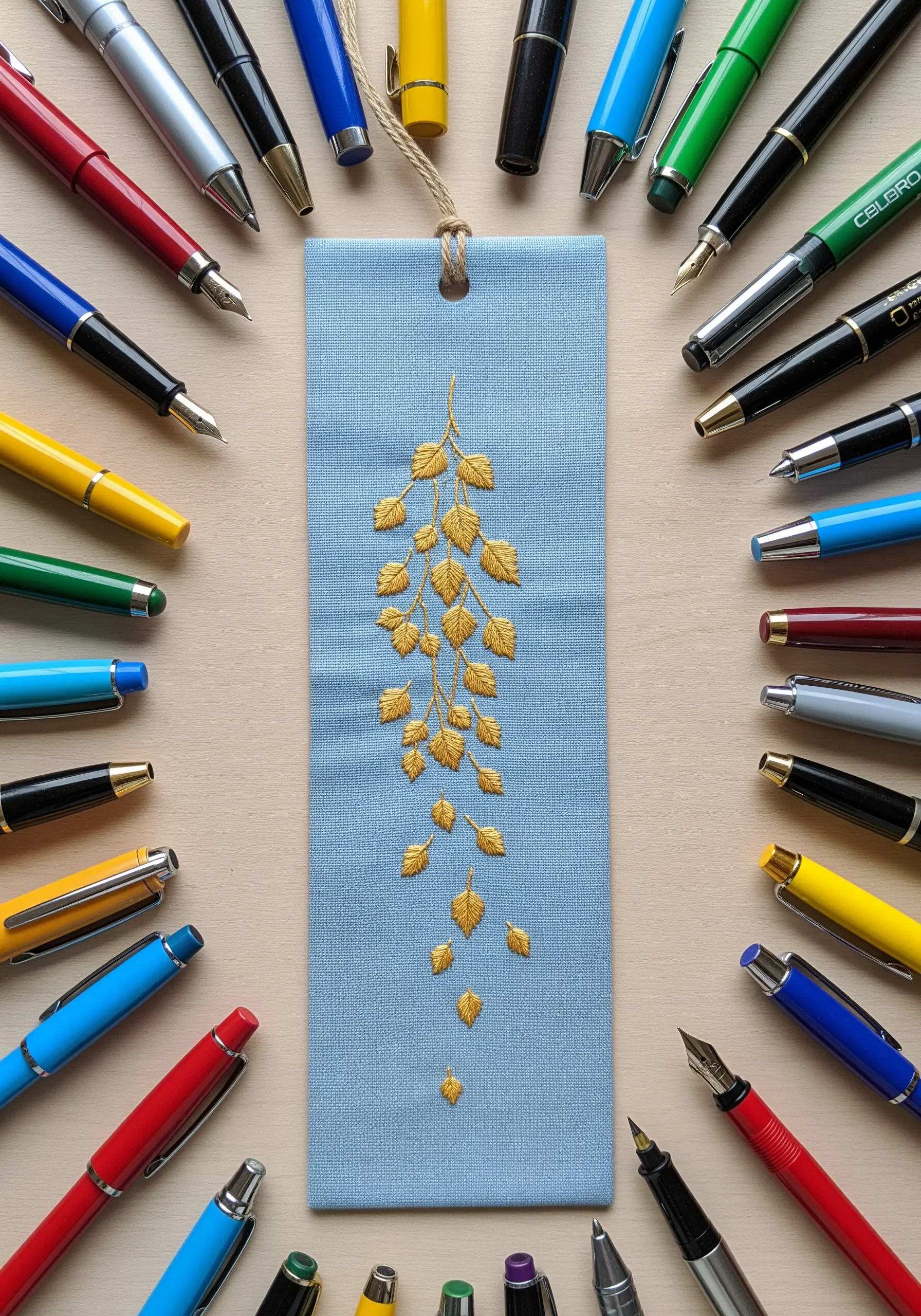A cascade of small golden leaves embroidered on a light blue bookmark.