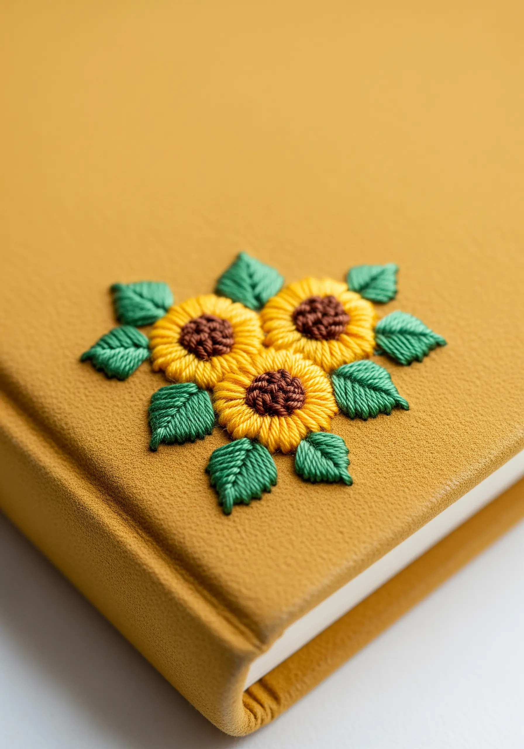 A vibrant cluster of three embroidered sunflowers with green leaves on a yellow journal.