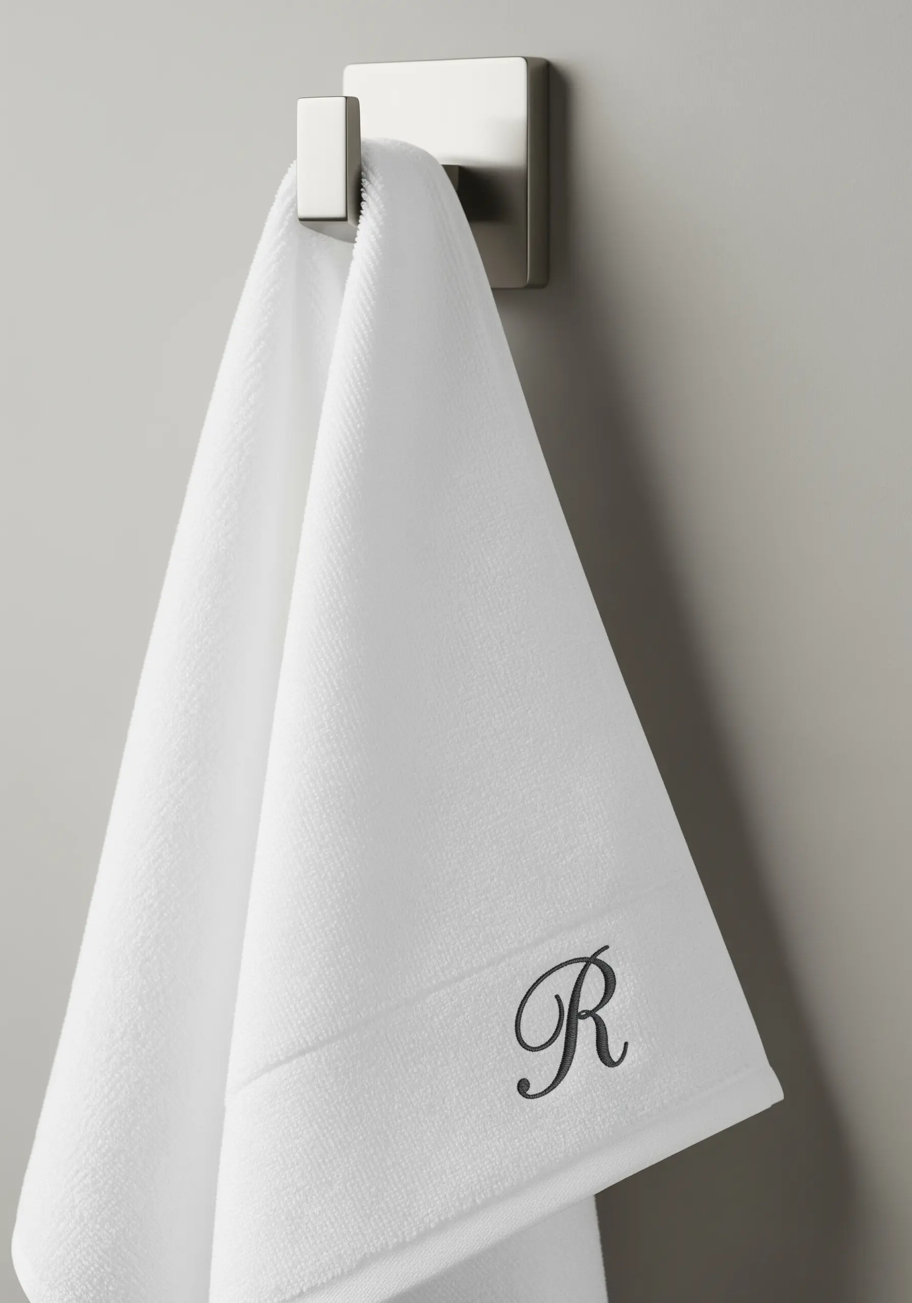 An elegant black 'R' monogram embroidered on a fluffy white towel.