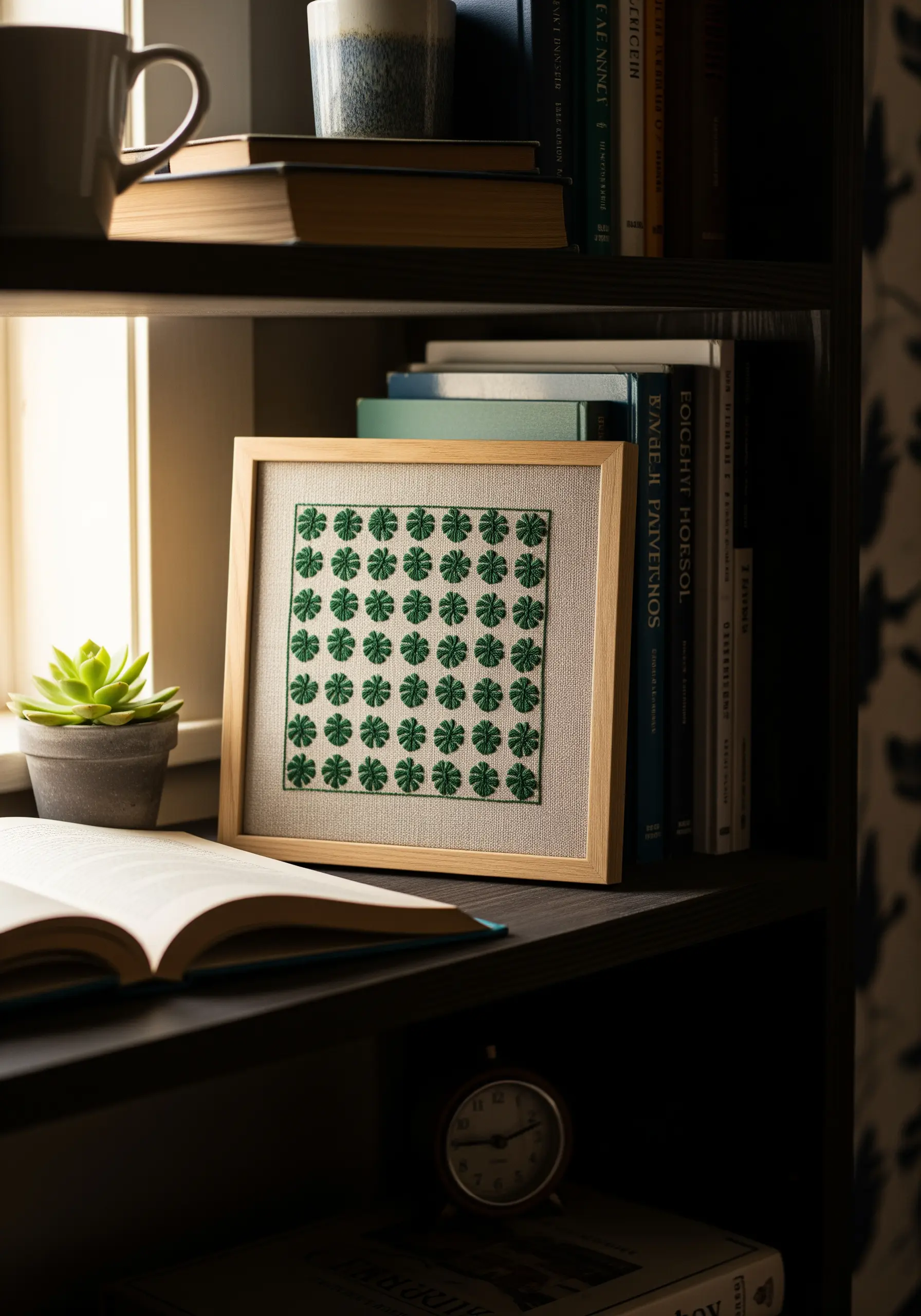 A grid of small, dark green embroidered clover motifs framed as wall art.