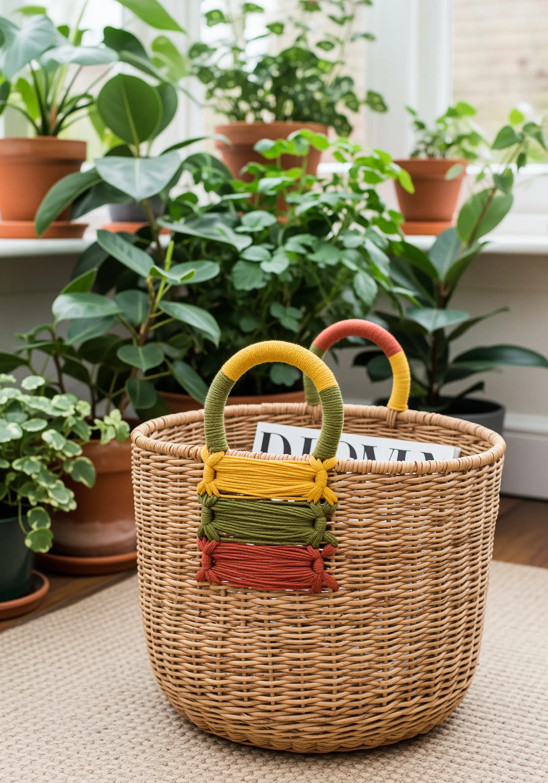 Woven basket with handles wrapped in colorful yarn and a decorative woven panel.