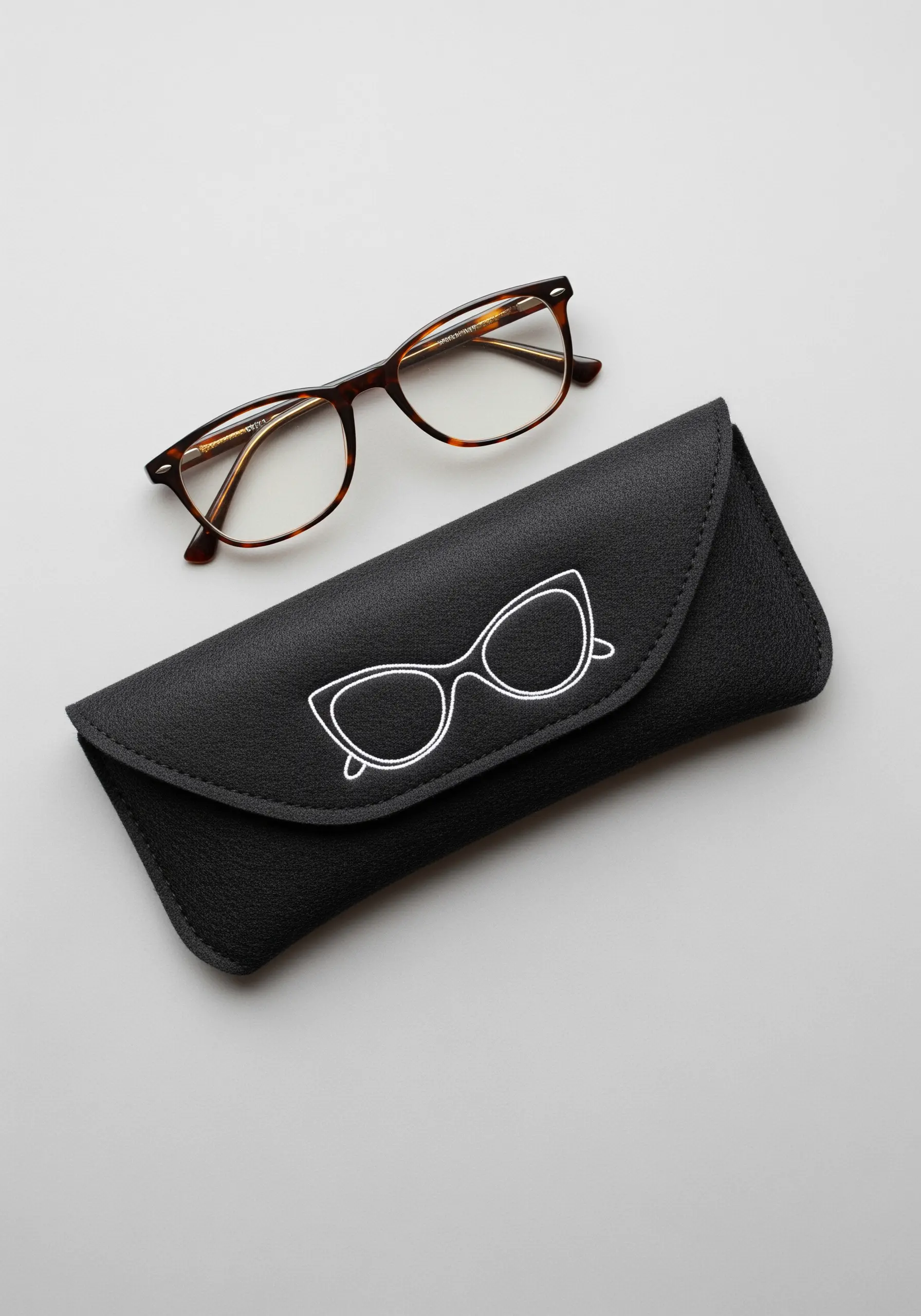 A black glasses case with a minimalist outline of cat-eye glasses stitched in white thread.