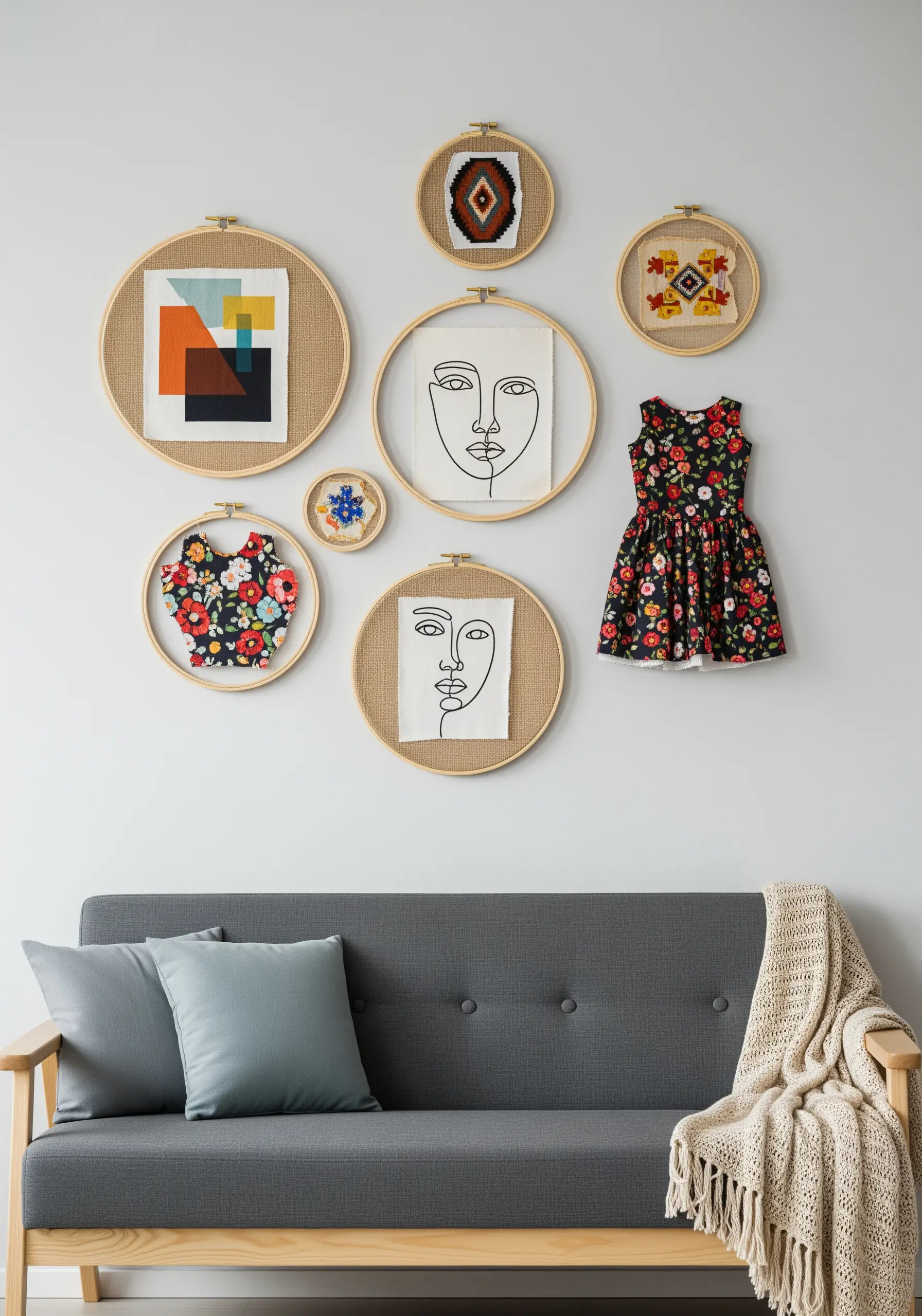 A gallery wall of embroidery hoops displaying fabric scraps and minimalist line art.