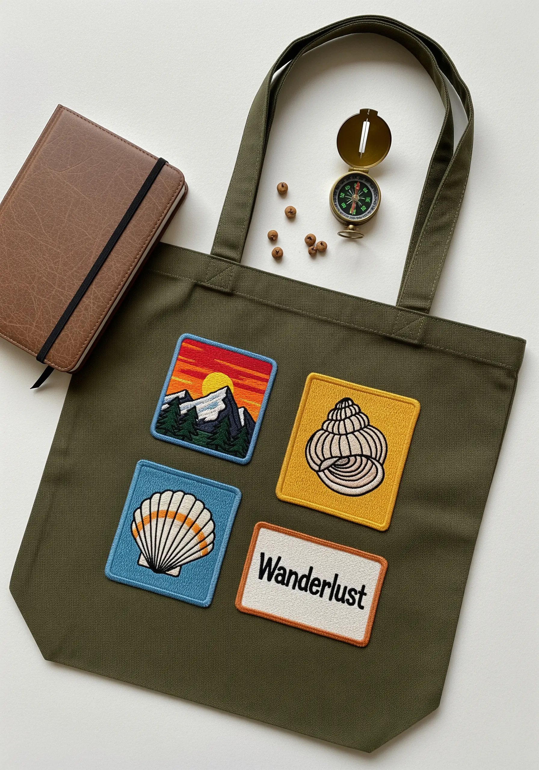 Four embroidered travel-themed patches sewn onto an olive green canvas tote bag.