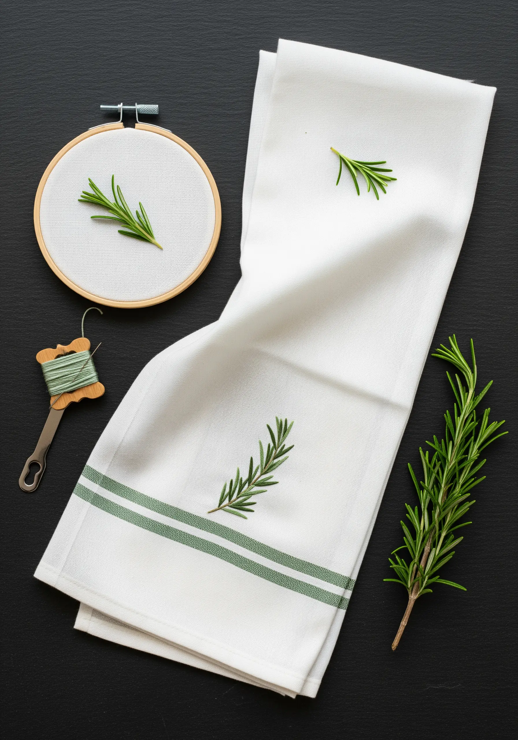 A delicate embroidery of a rosemary sprig on a white kitchen towel.