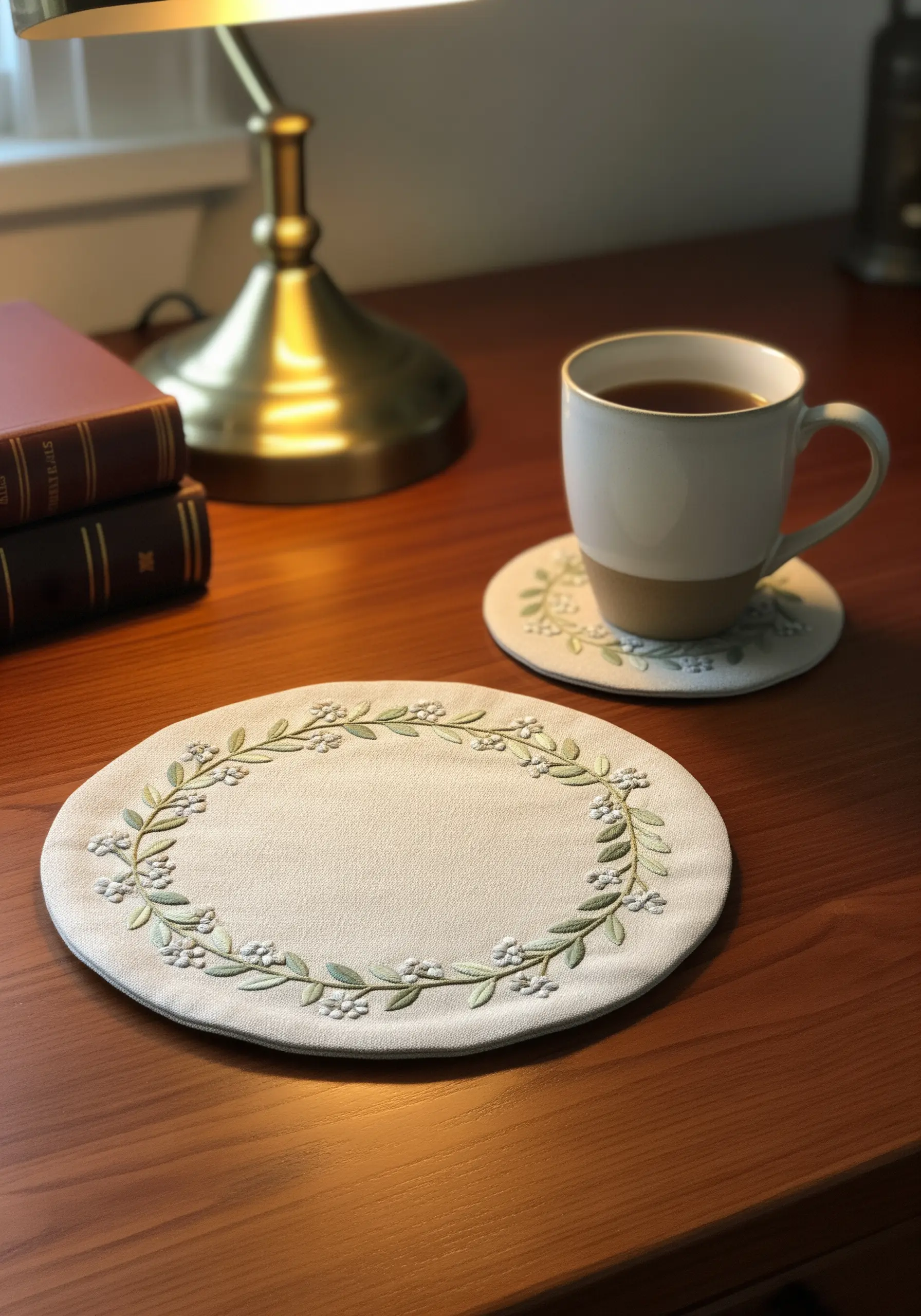 A placemat and coaster set with a delicate embroidered wreath of green leaves and white berries.