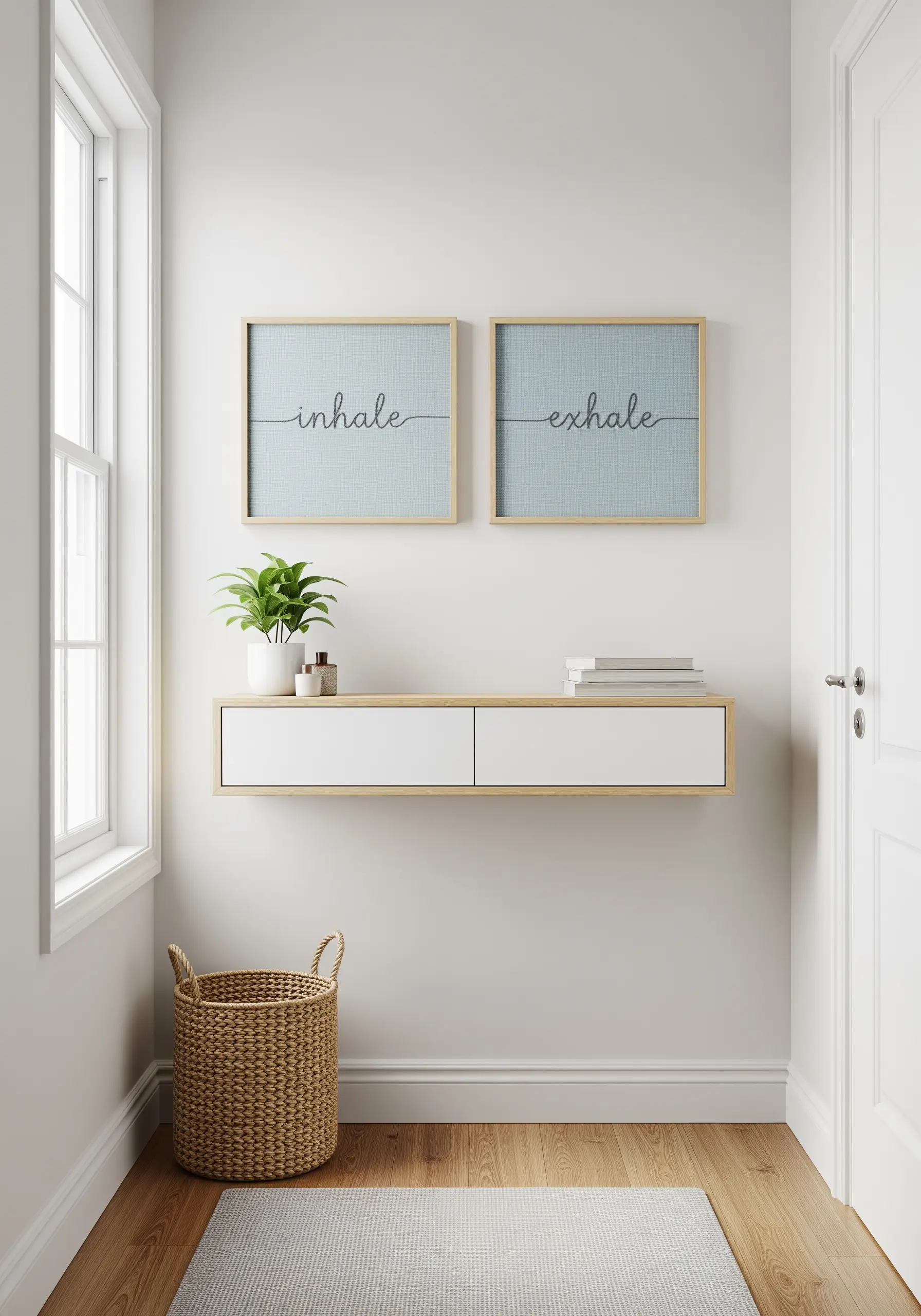 Two square frames with the words 'inhale' and 'exhale' embroidered in flowing script.