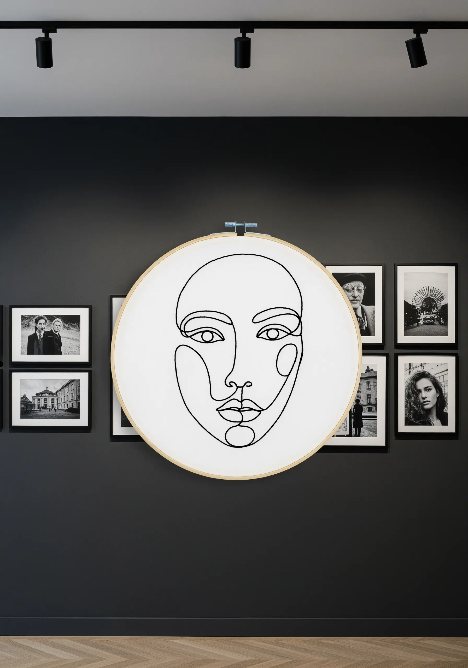 A minimalist line art portrait of a face, stitched in black thread on white fabric.