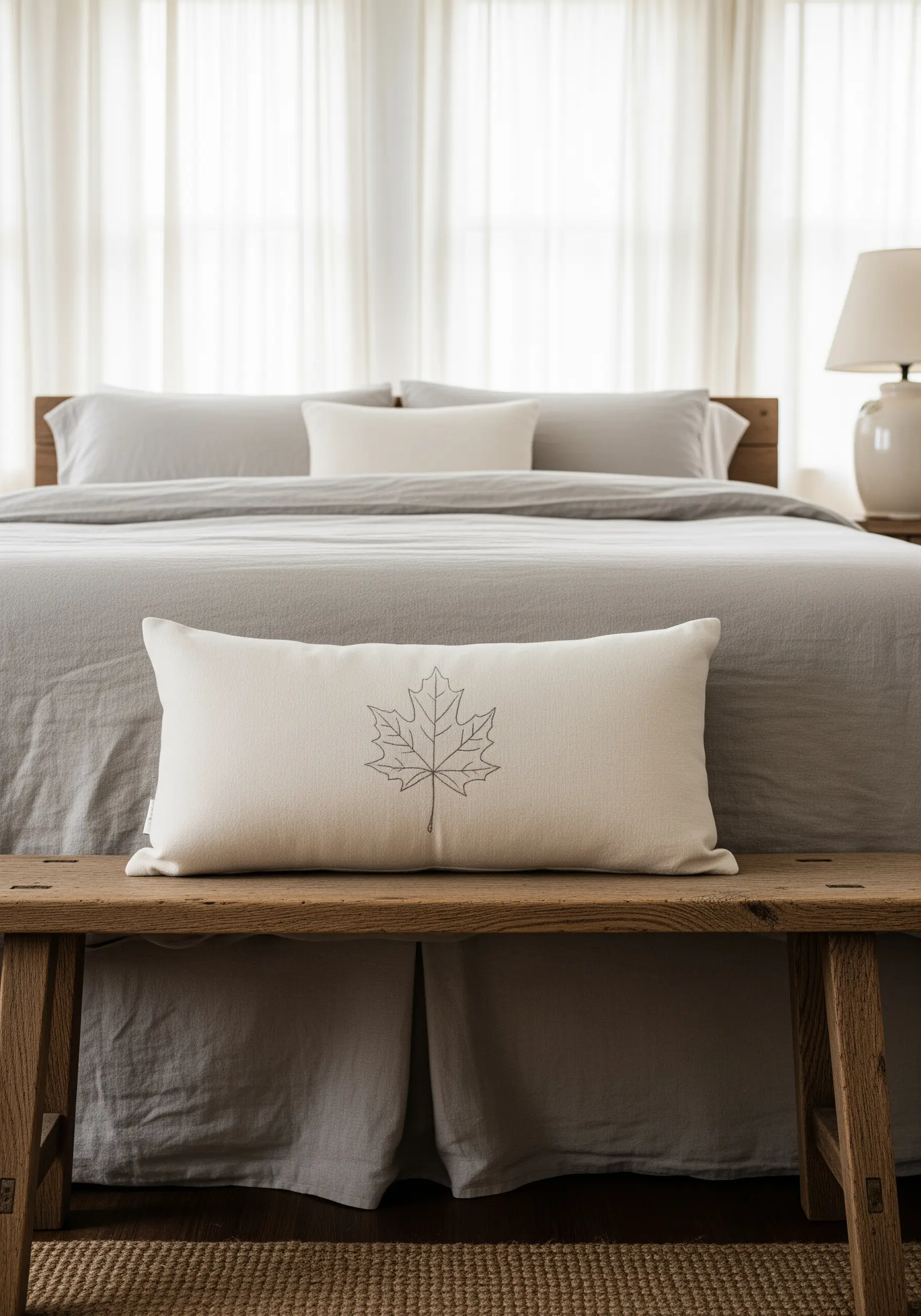 A single, clean outline of a maple leaf stitched on a lumbar pillow.