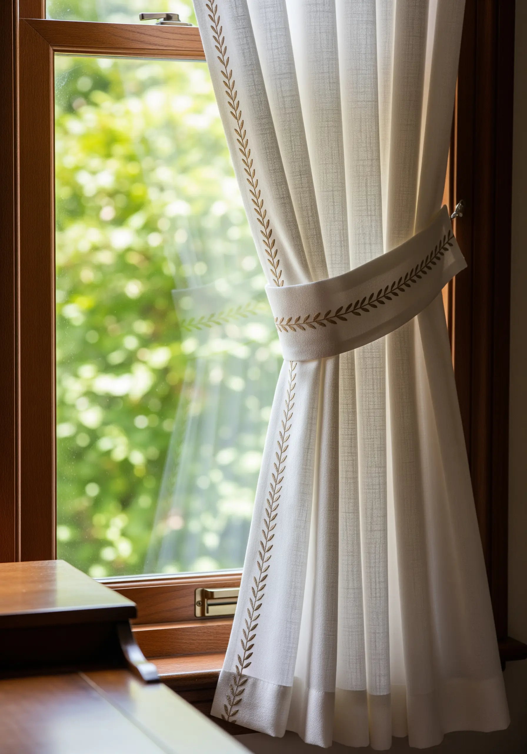 Linen curtains with an embroidered laurel leaf border and a matching tie-back.