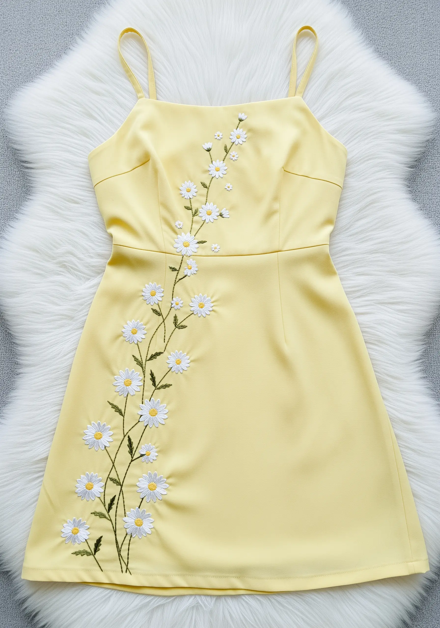 A single, delicate vine of daisies sweeping up the side of a pastel yellow dress.