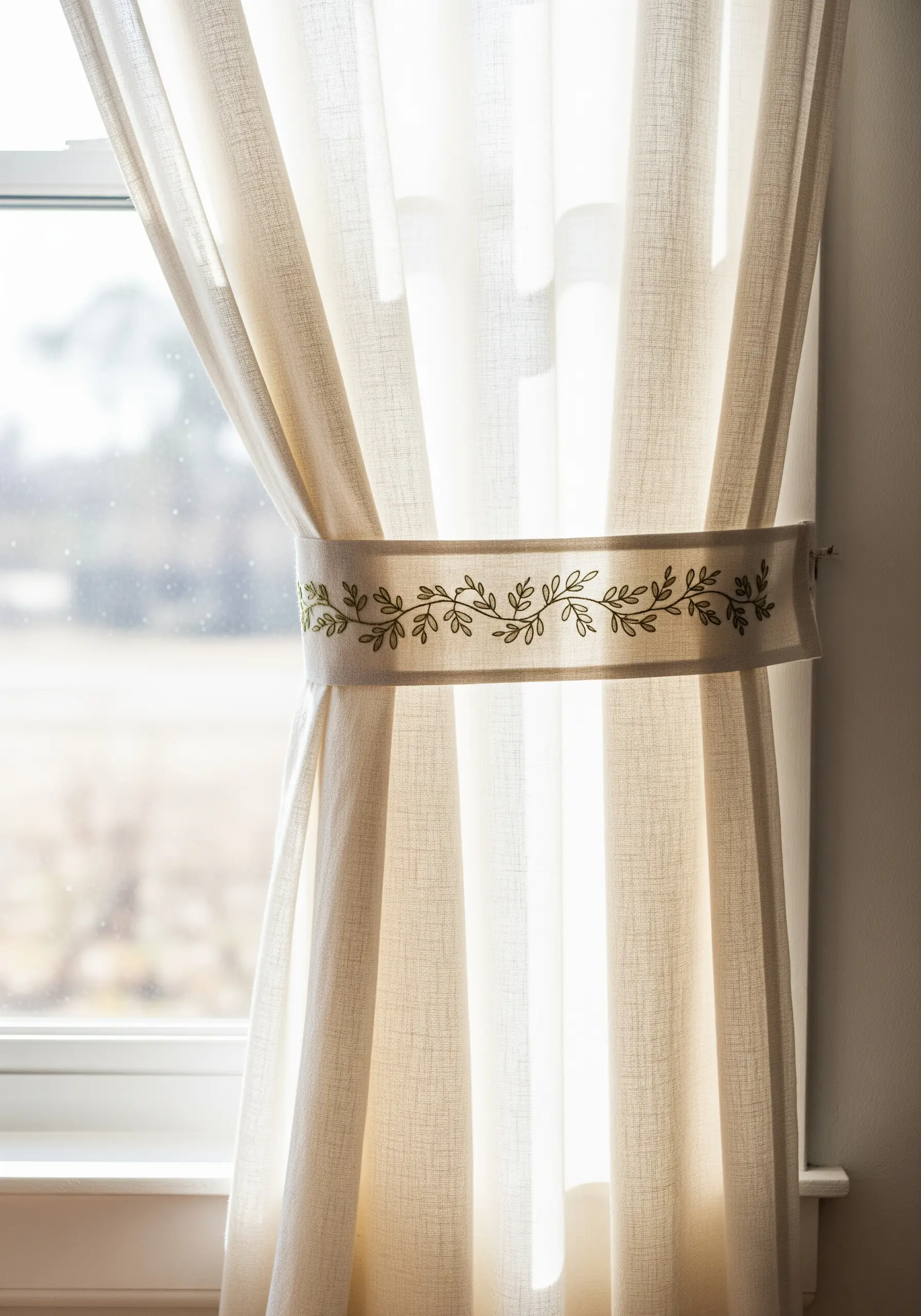 A linen curtain tie-back embroidered with a delicate green leafy vine pattern.