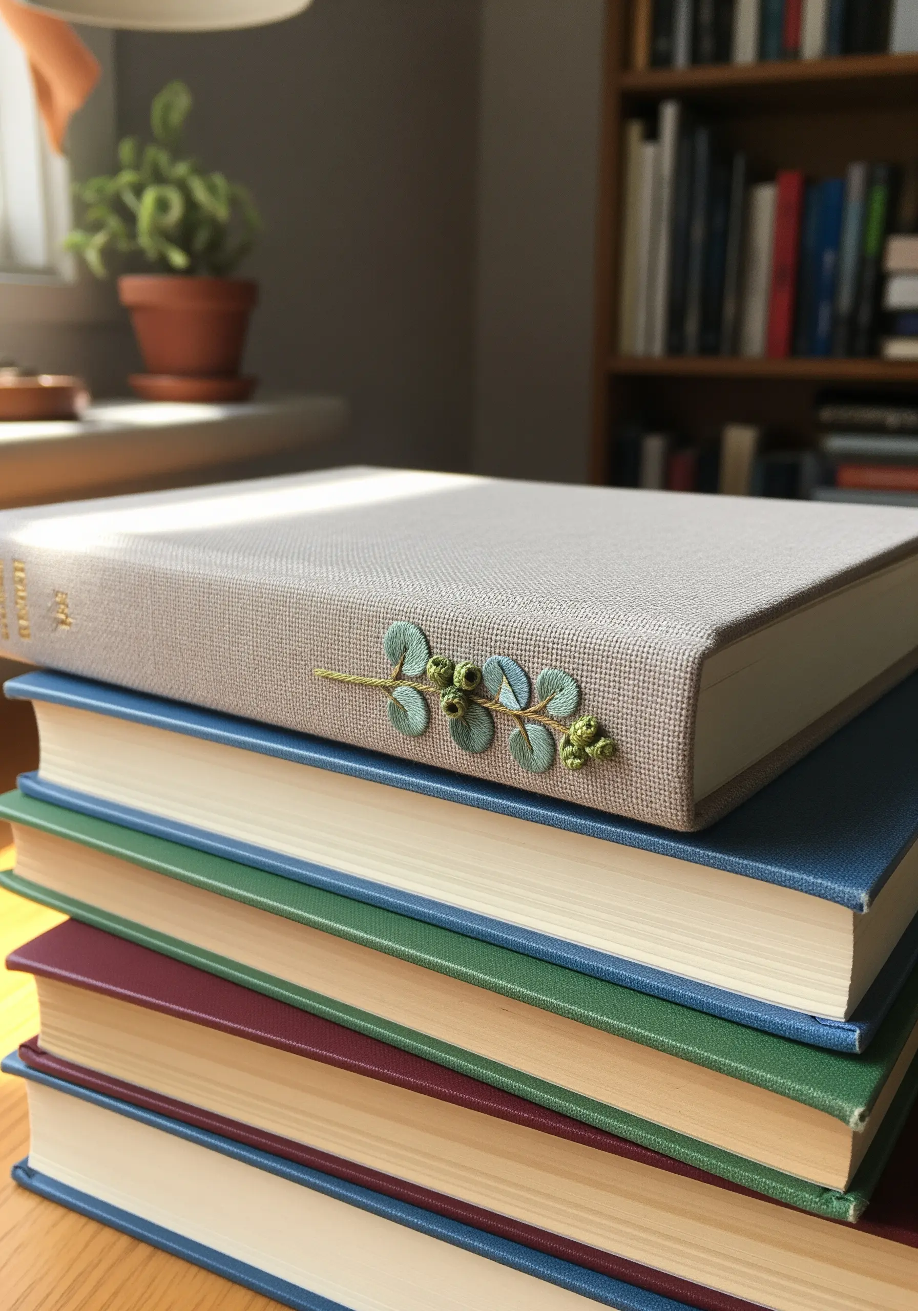 Eucalyptus branch with satin stitch leaves and French knots on a book spine.