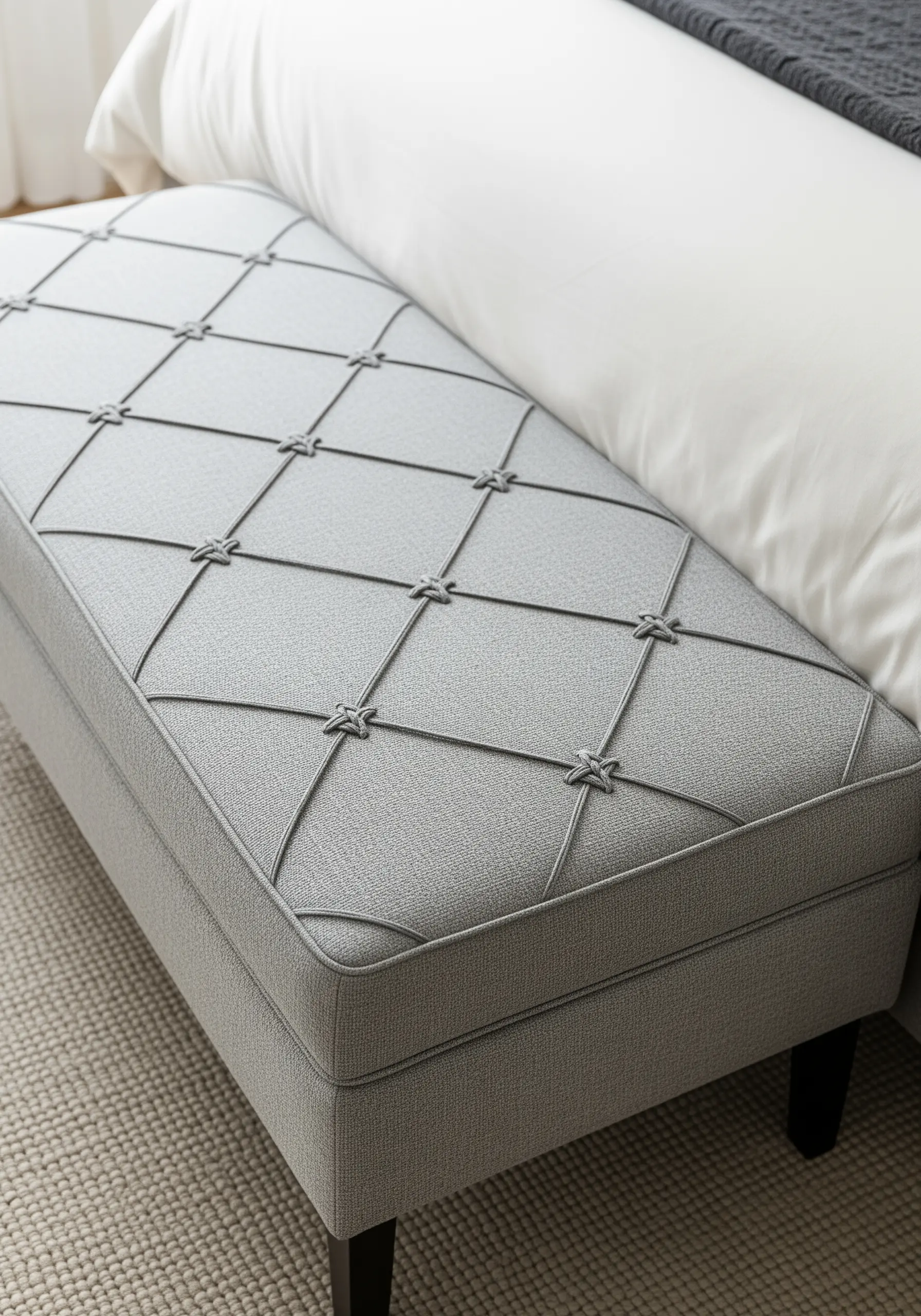 A grey upholstered bench with a grid pattern created by couched cords and knots.