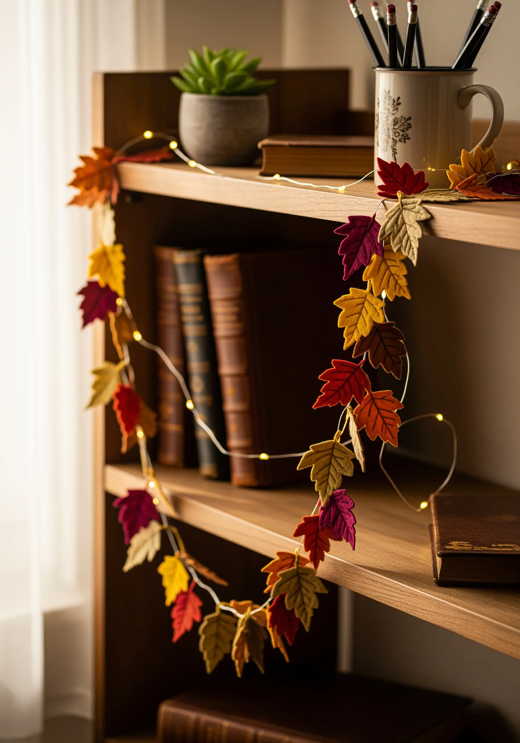A garland made of colorful felt leaves with simple embroidery, strung on fairy lights.