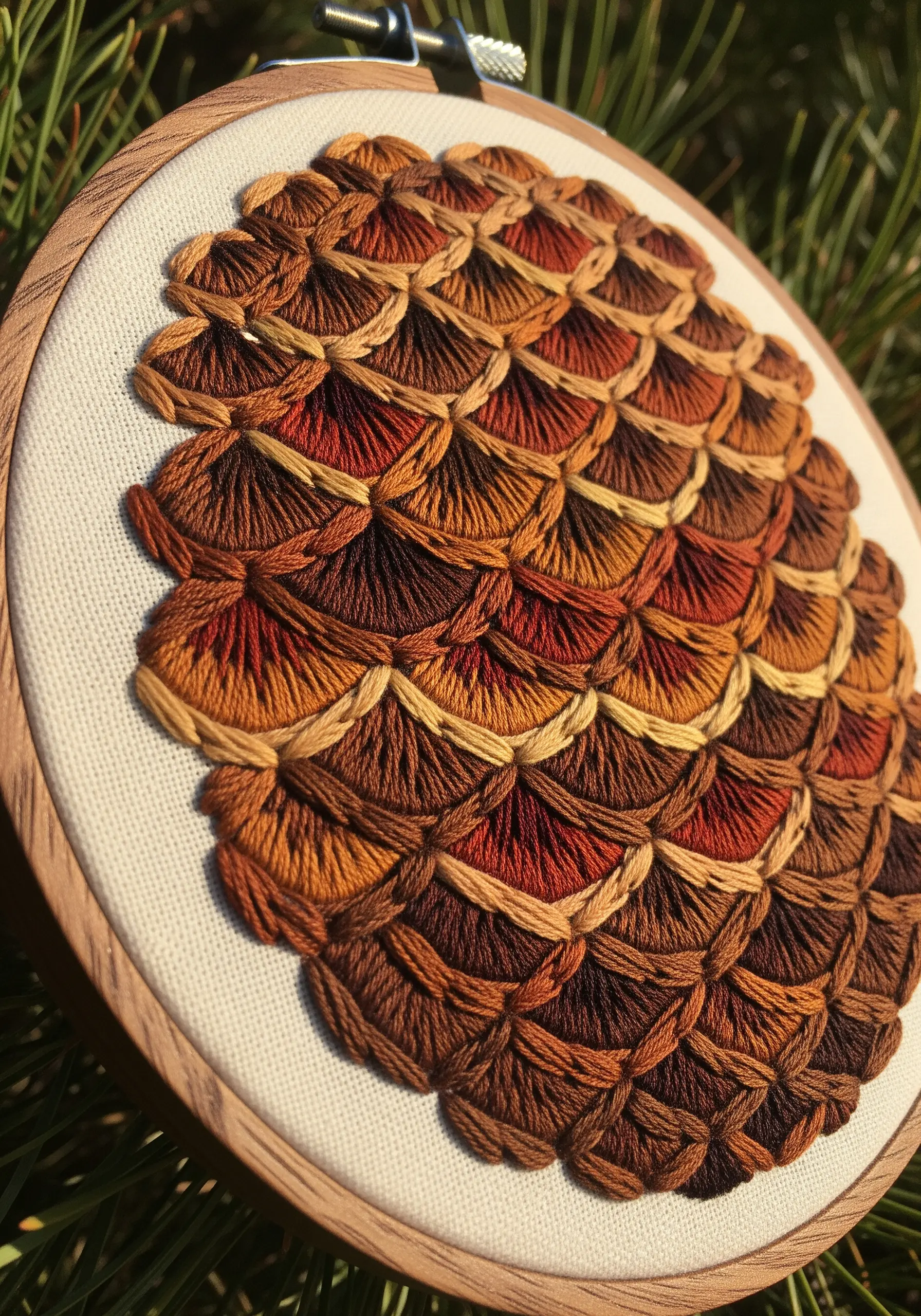 Close-up of a pinecone-like pattern created with layered, fan-shaped satin stitches in autumn tones.