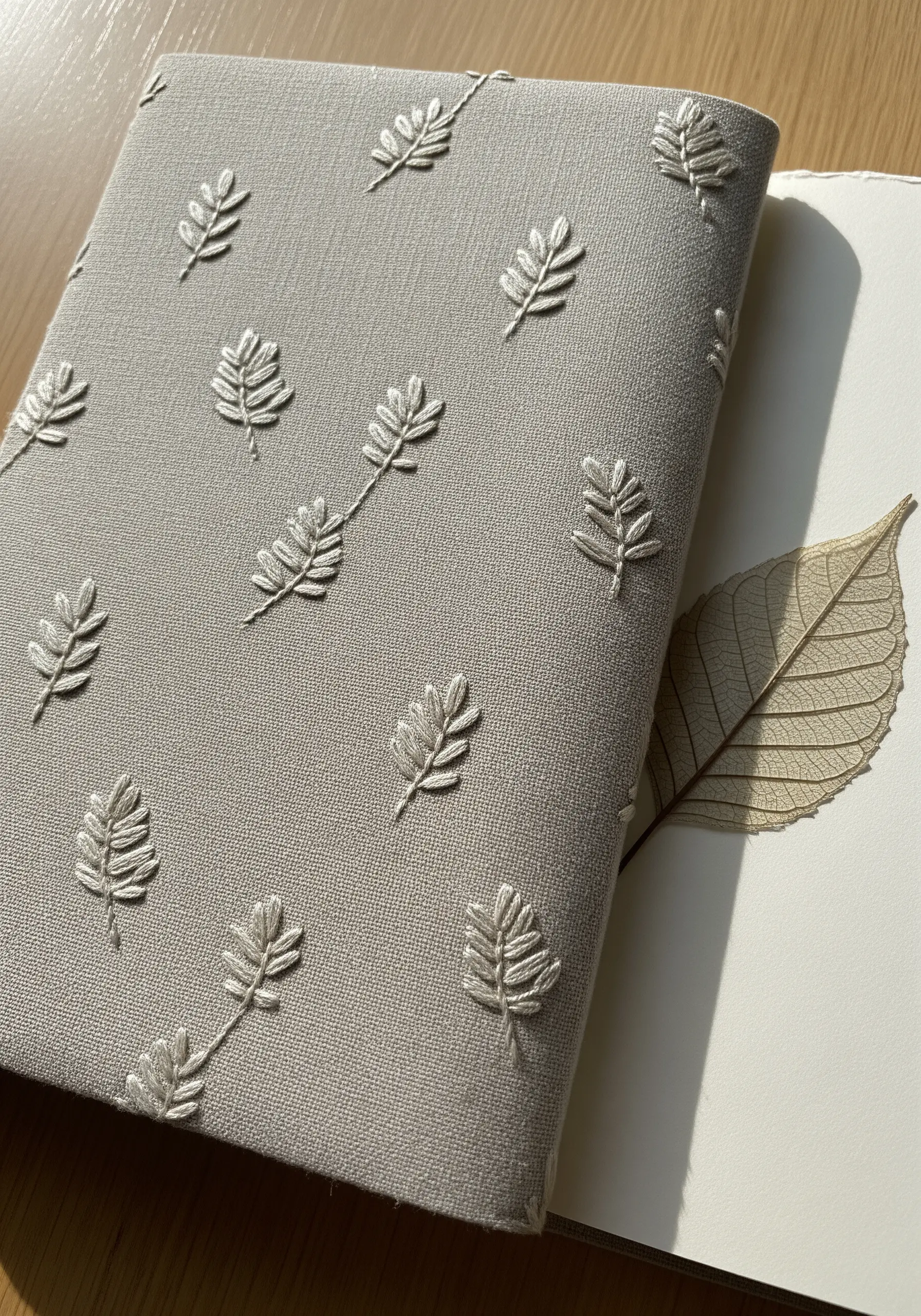 A grey journal cover with a scattered pattern of small, delicate fern sprigs in a light grey thread.