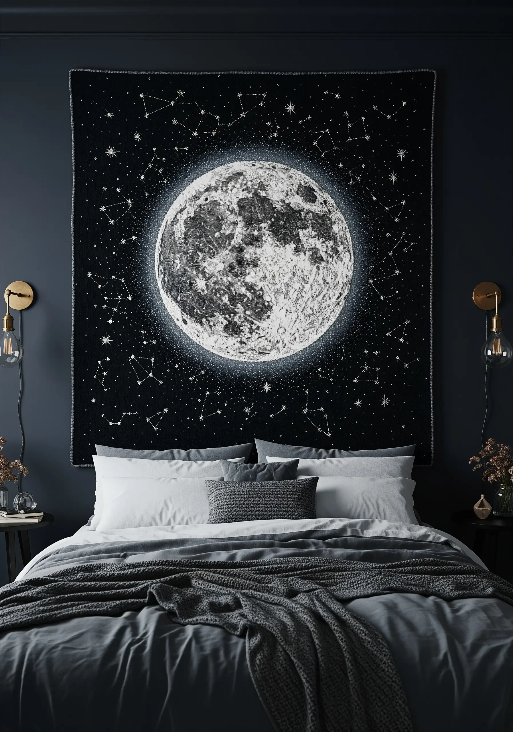 A large, detailed embroidered wall tapestry of the full moon surrounded by constellations.