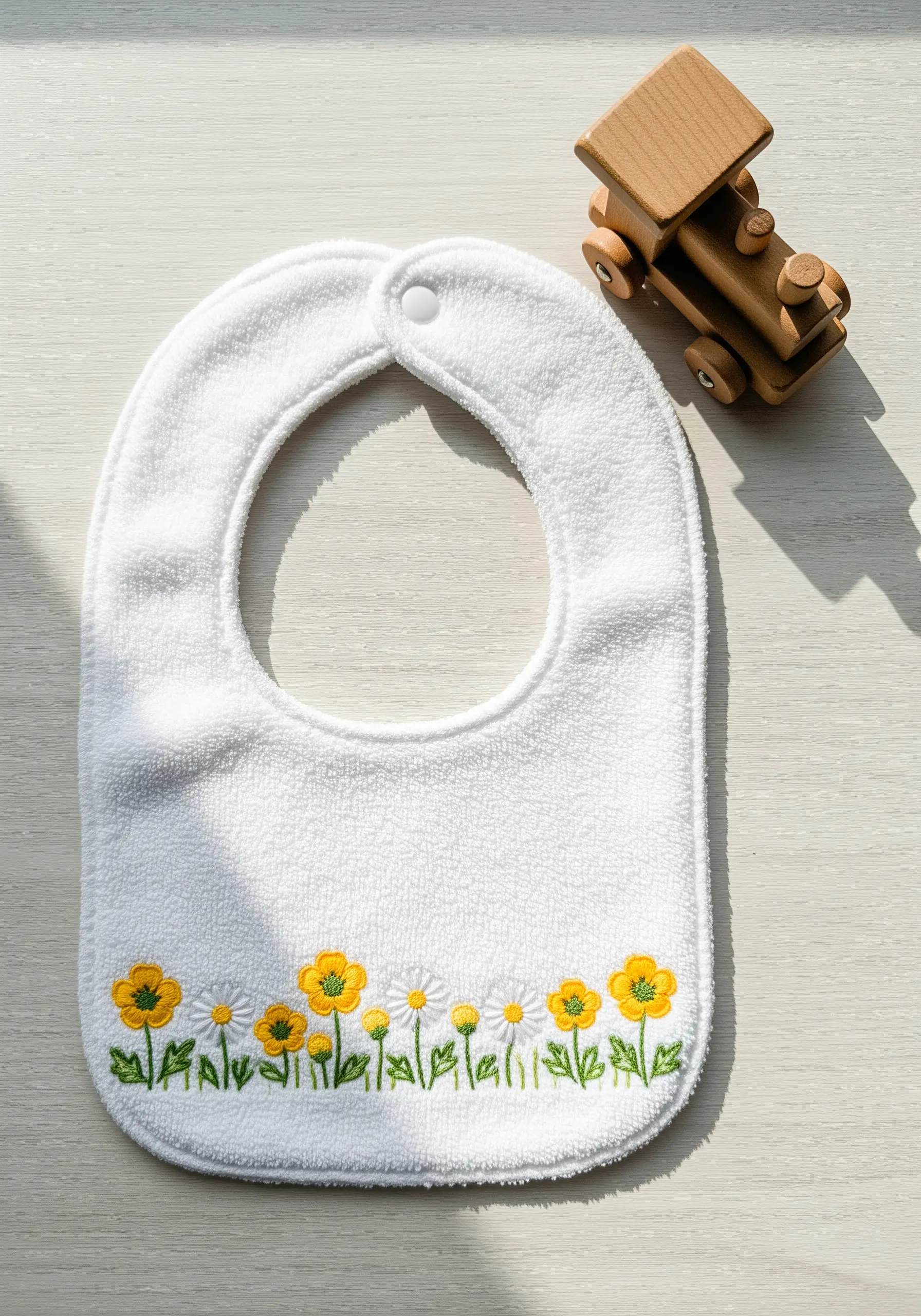 A neat border of embroidered daisies and buttercups along the bottom of a white terrycloth bib.