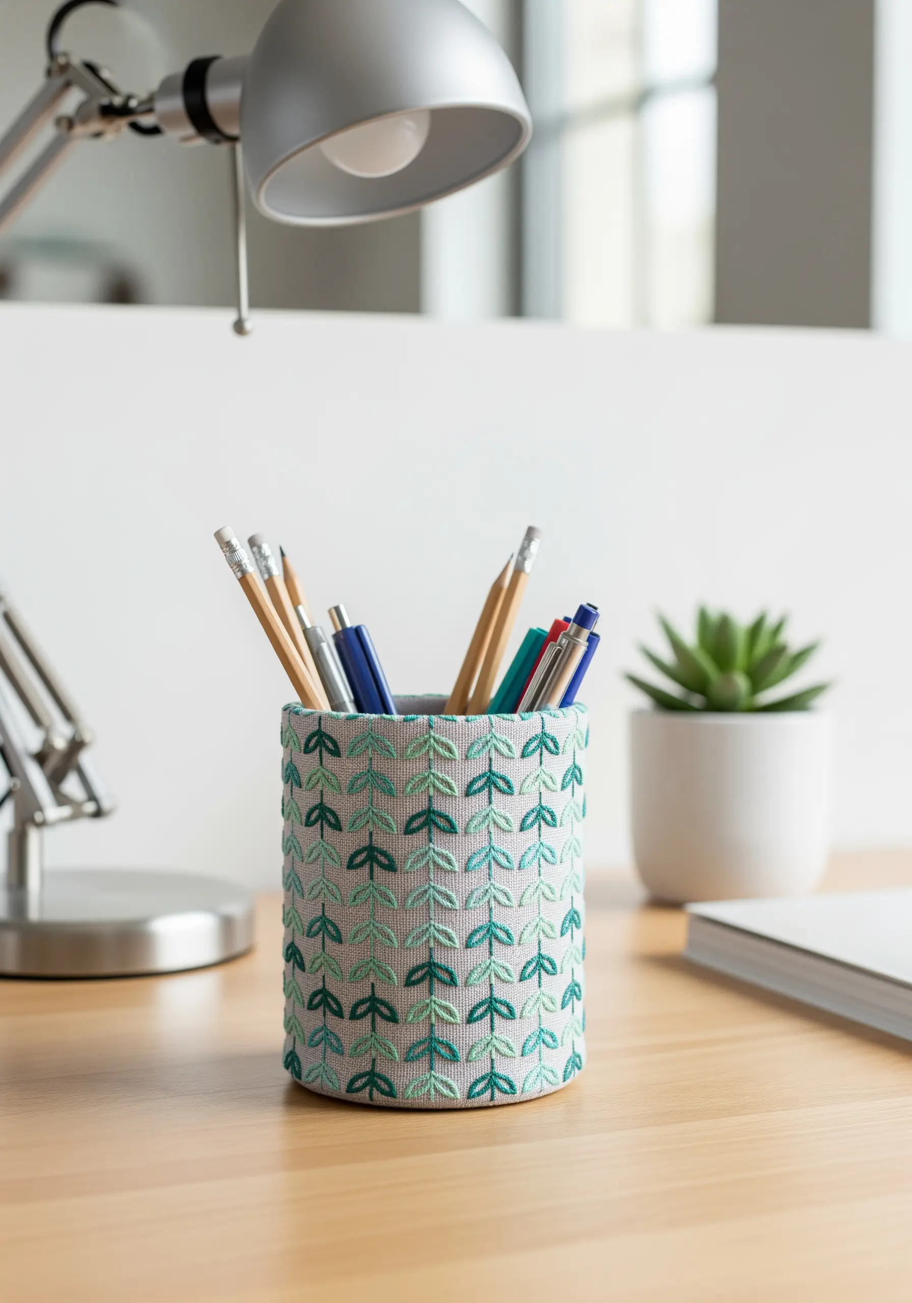 A pencil holder covered in a repeating geometric pattern of embroidered leaves in shades of green.