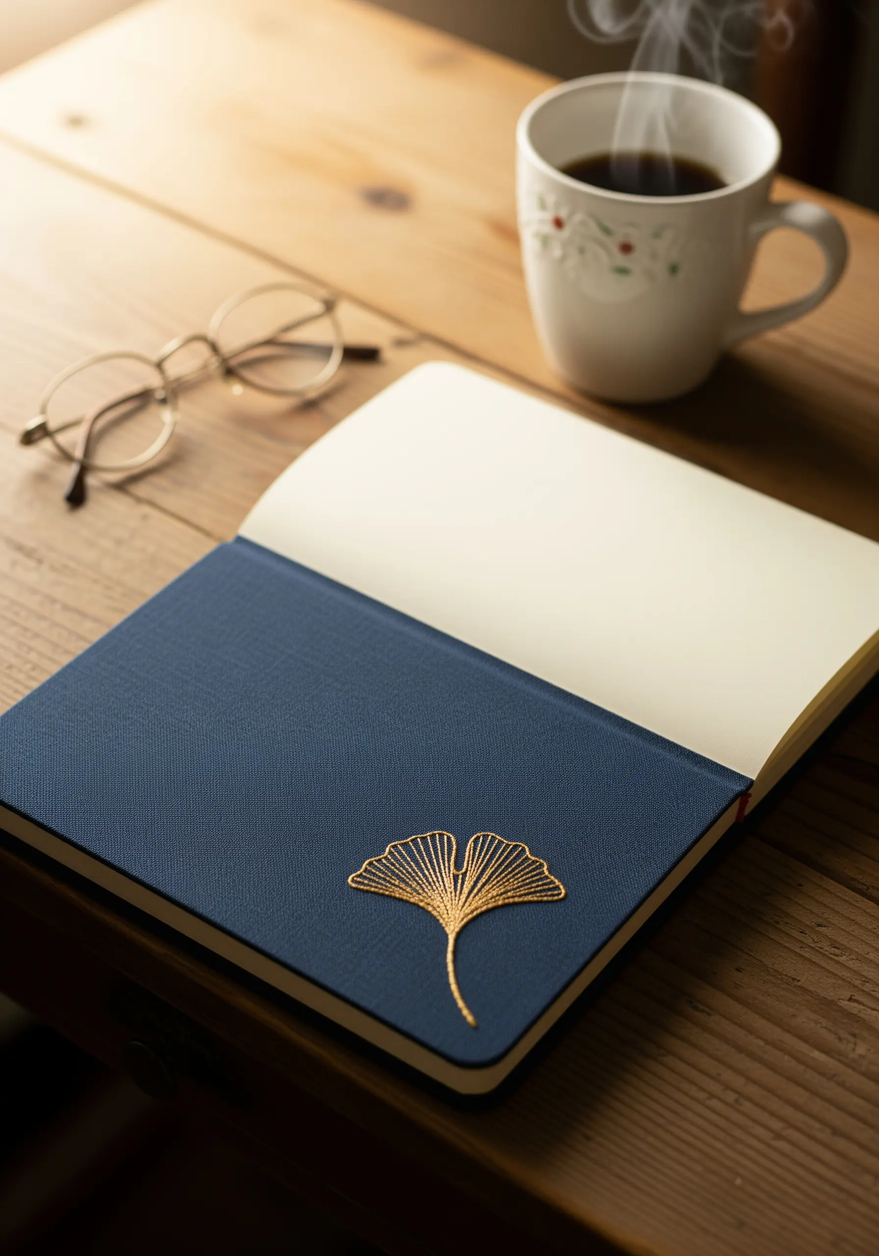 A single gold metallic ginkgo leaf embroidered on a navy blue journal cover.