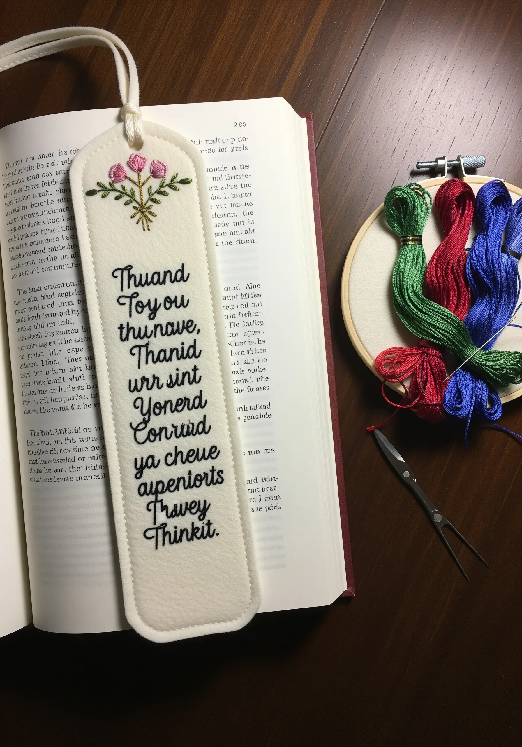 A cream-colored felt bookmark with an embroidered quote and a small floral bouquet.