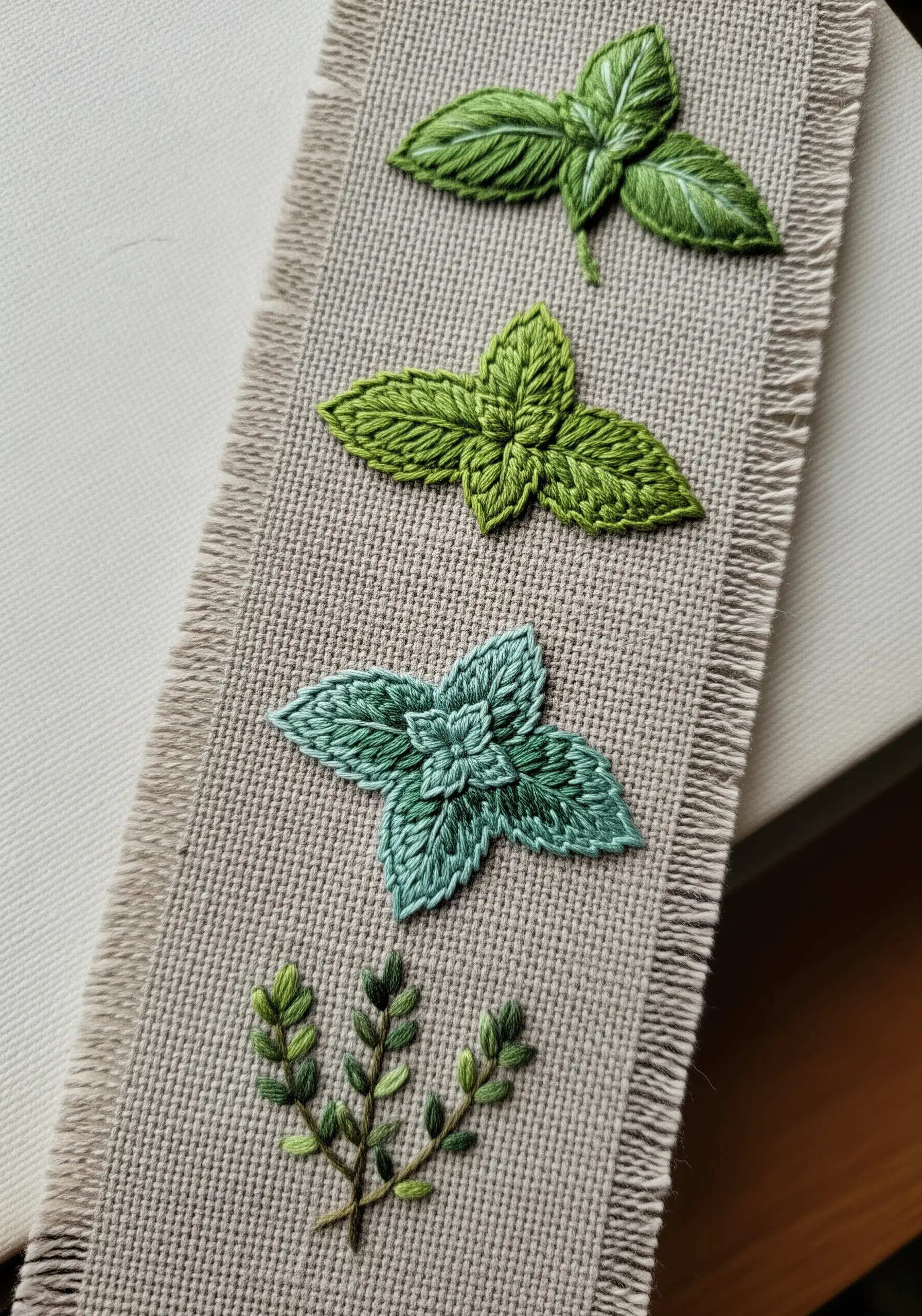A linen bookmark featuring four different embroidered herbs: basil, mint, and thyme.