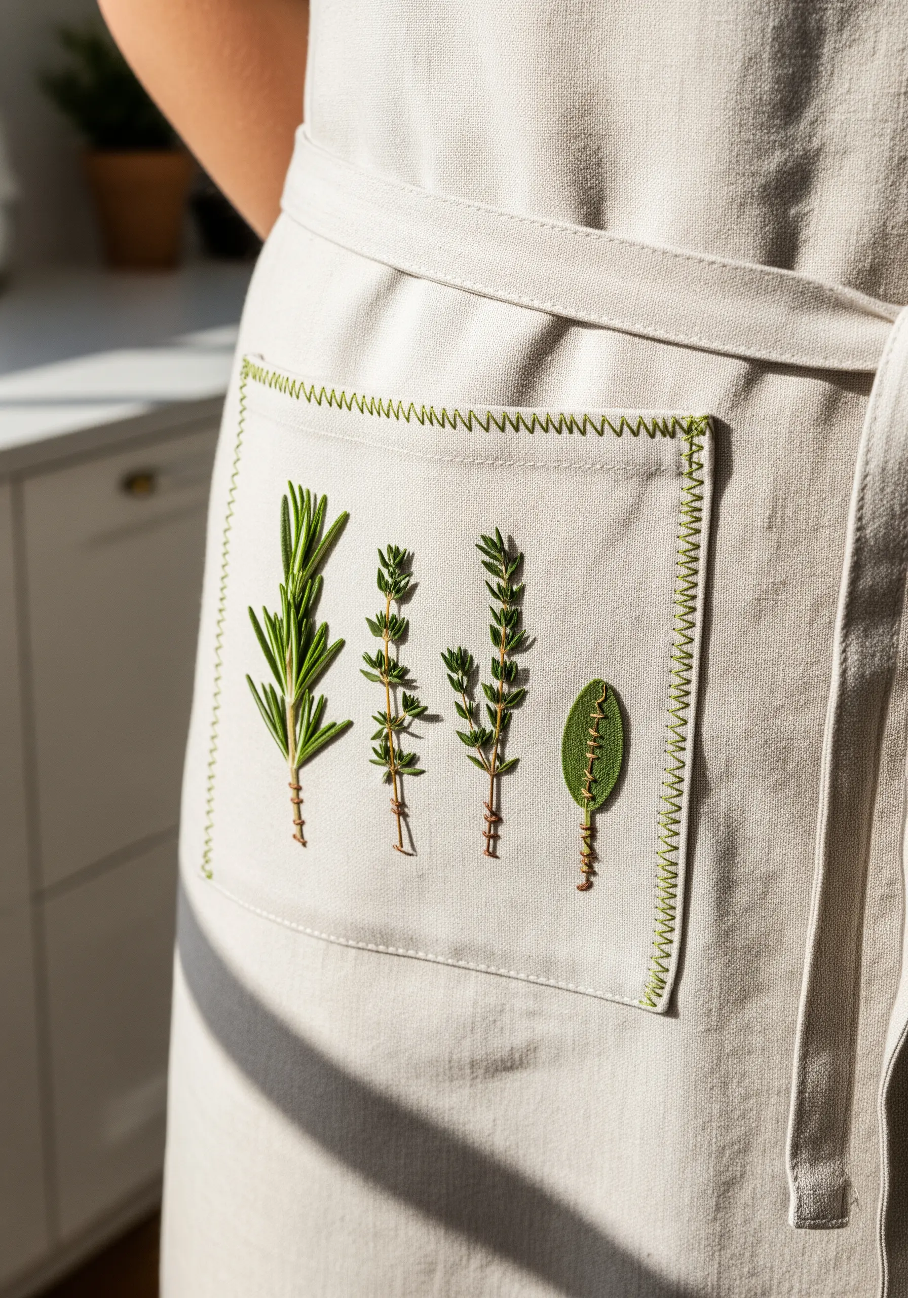 An apron pocket decorated with sprigs of real herbs like rosemary and thyme, stitched into place.