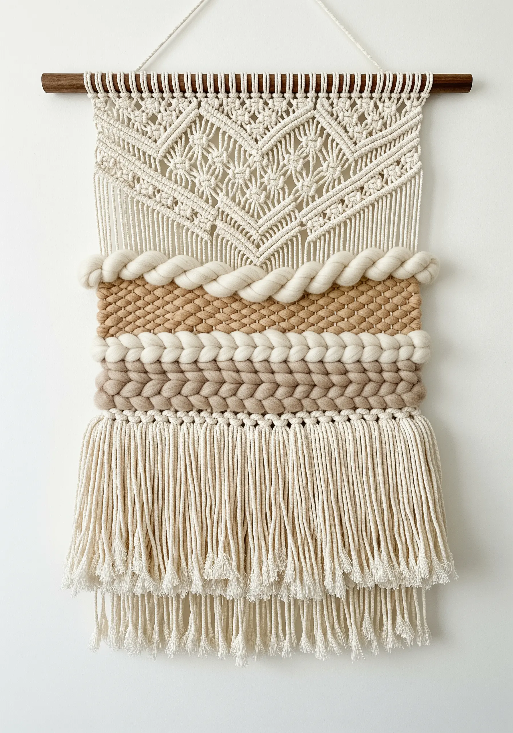 A woven wall hanging combining macrame, thick braids, and a tiered fringe in neutral tones.