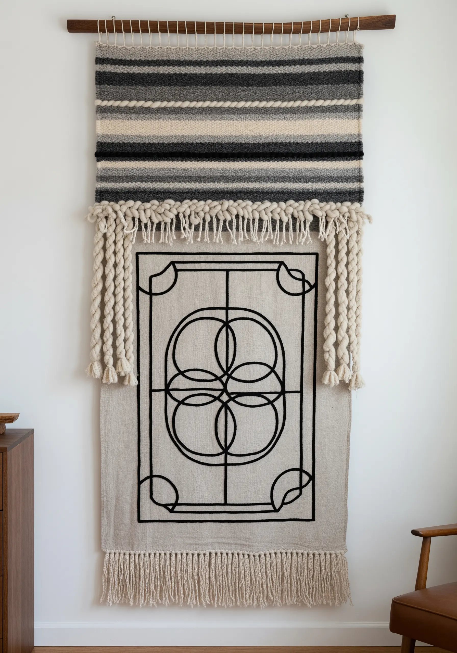 Wall hanging combining a woven top panel with an embroidered geometric design below.