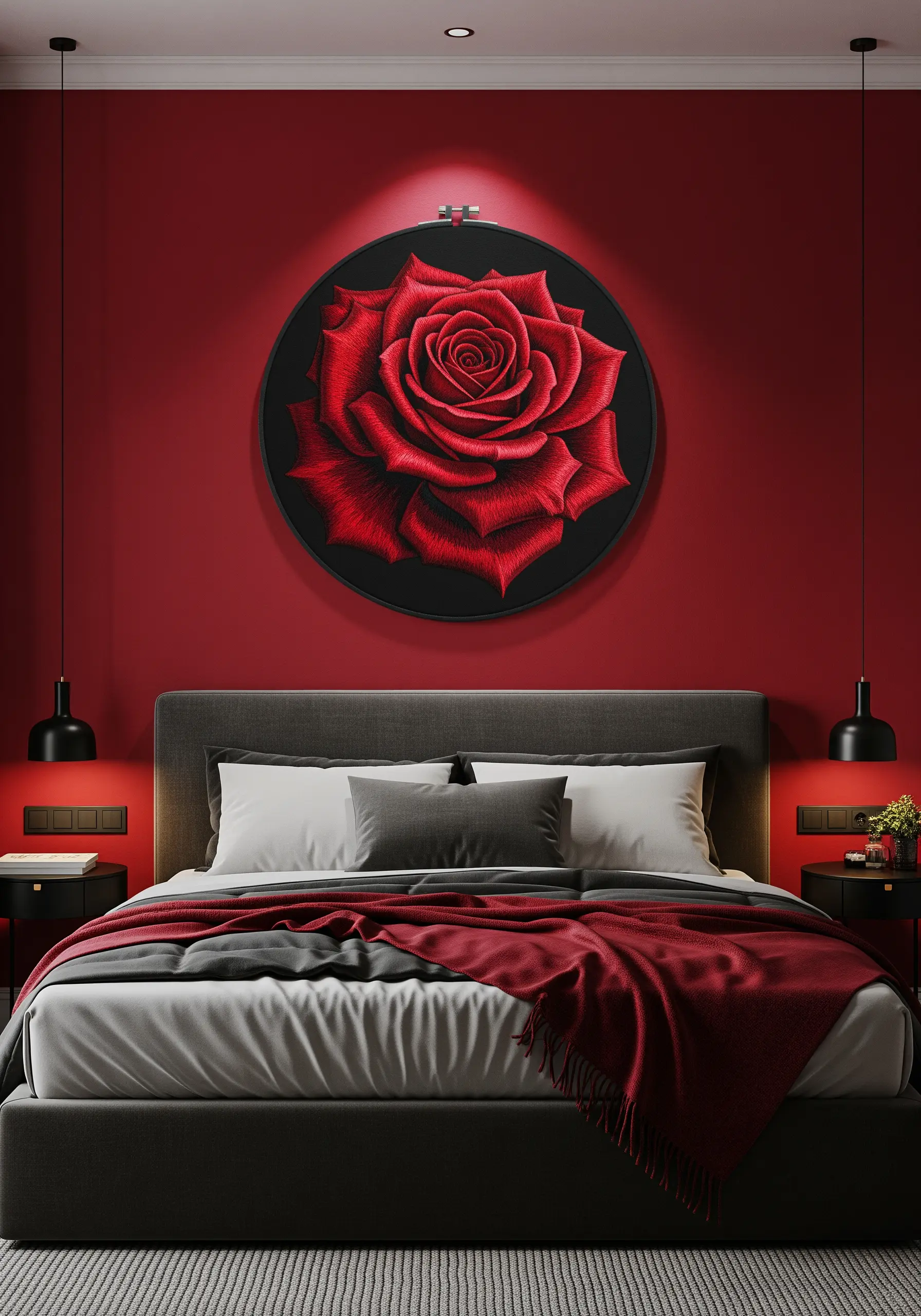 A large, incredibly detailed red rose embroidered in a black hoop against a red wall.