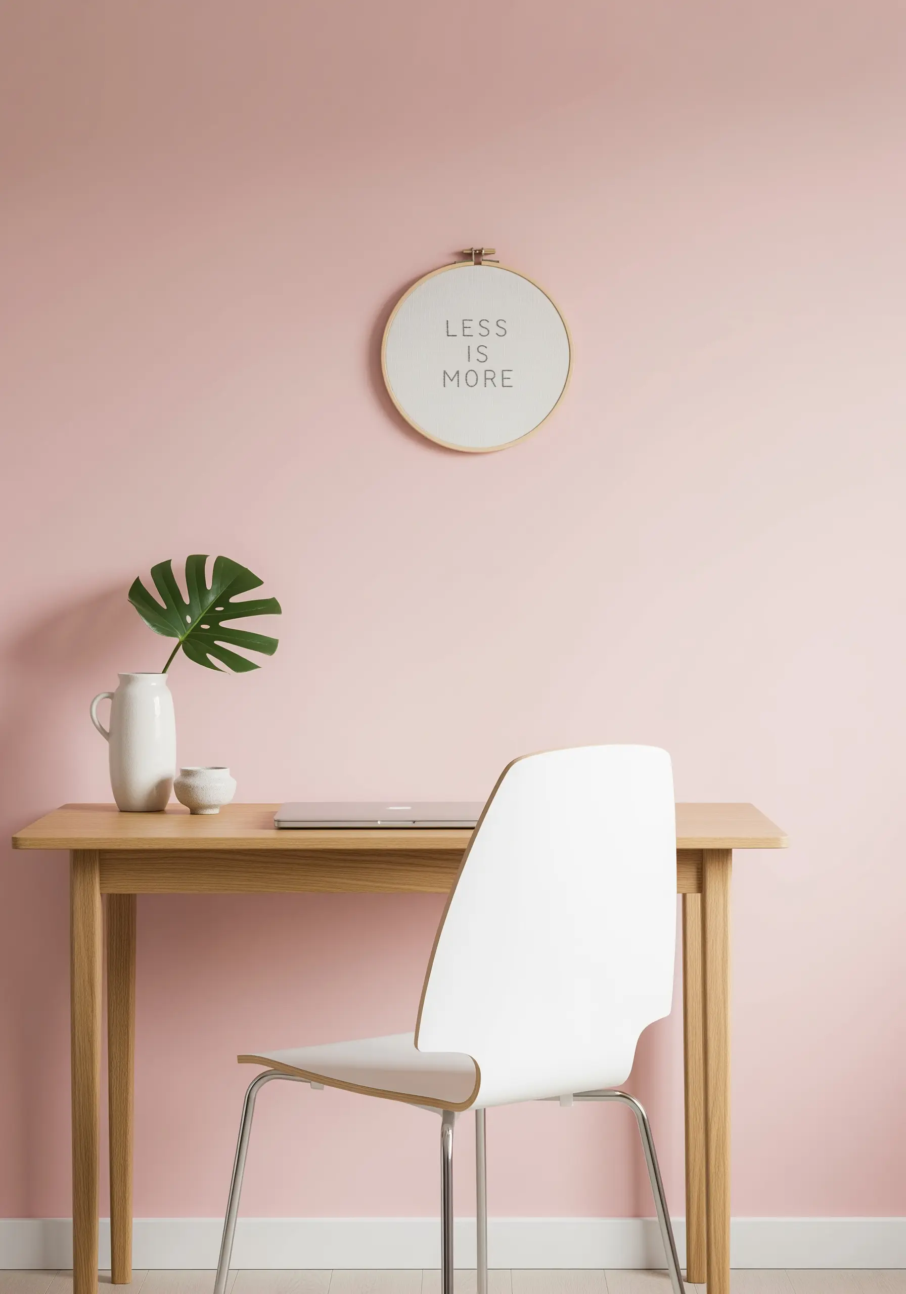 A minimalist 'Less is More' quote embroidered in a hoop on a pink wall.