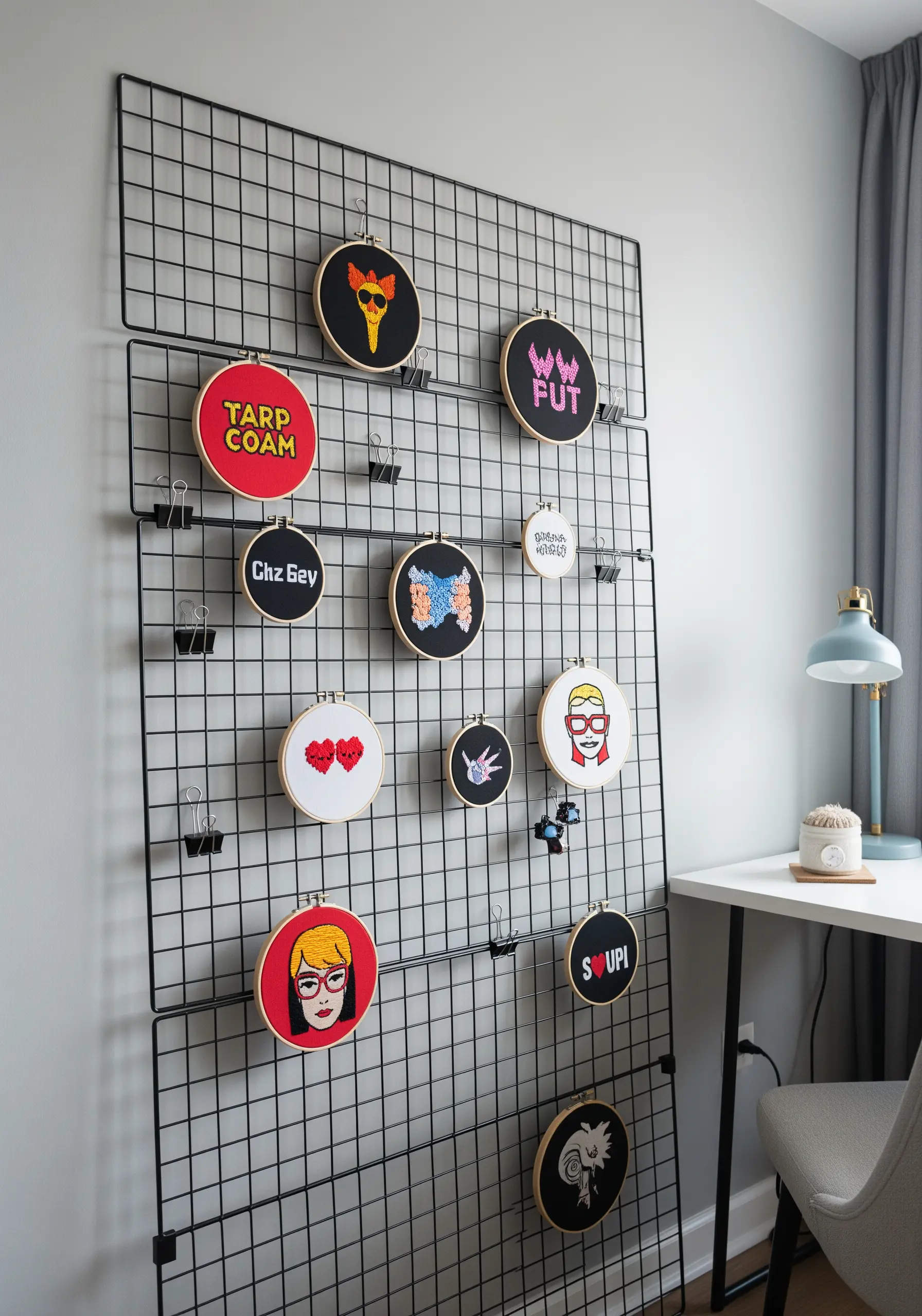 A collection of pop-culture embroidery hoops clipped to a black wire grid panel.