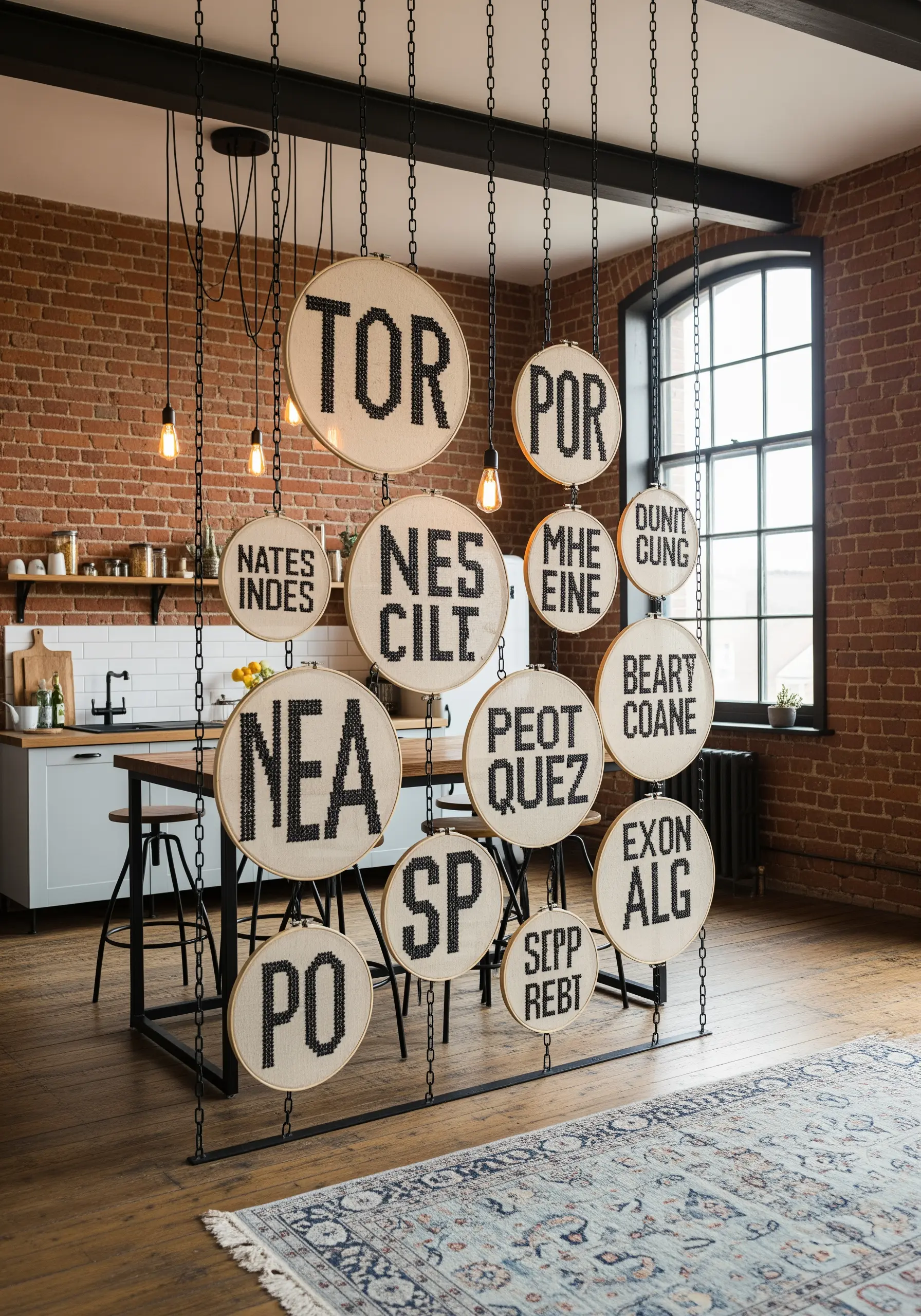 Bold, black cross-stitched typography on off-white fabric in a hanging room divider.