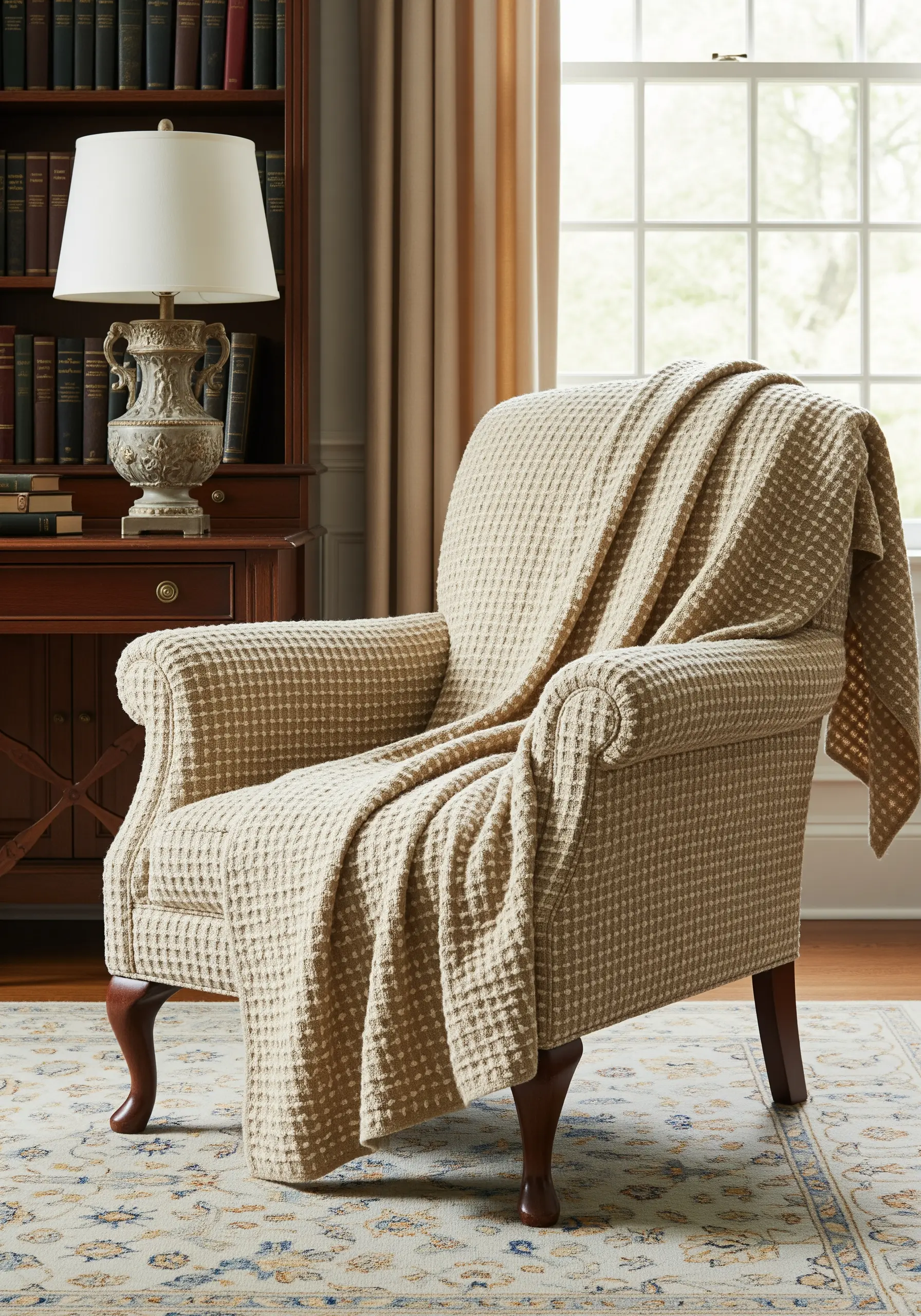 A beige waffle-weave throw blanket draped over an armchair, highlighting its deep texture.