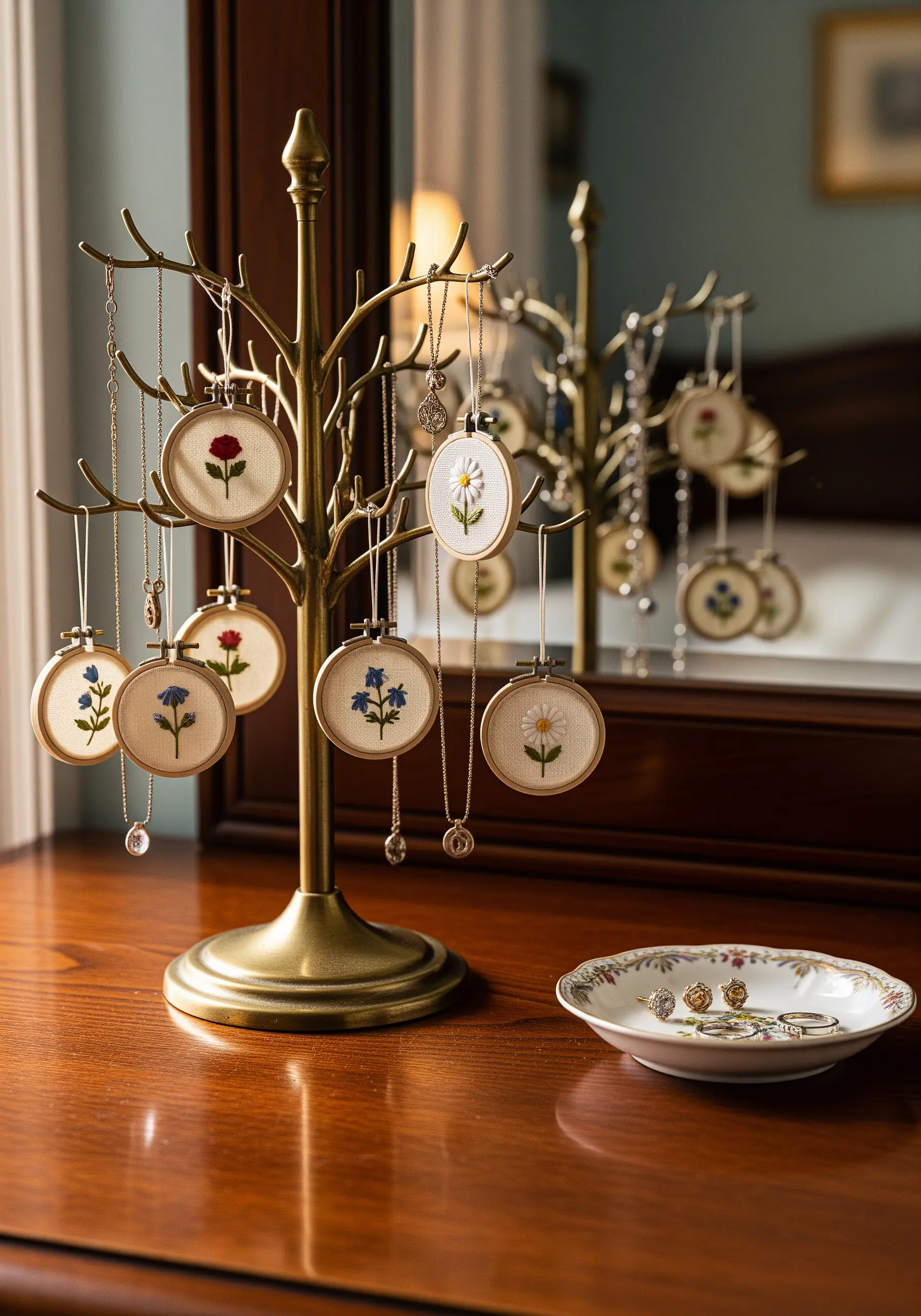 Miniature floral embroidery hoops displayed like ornaments on a brass jewelry tree.