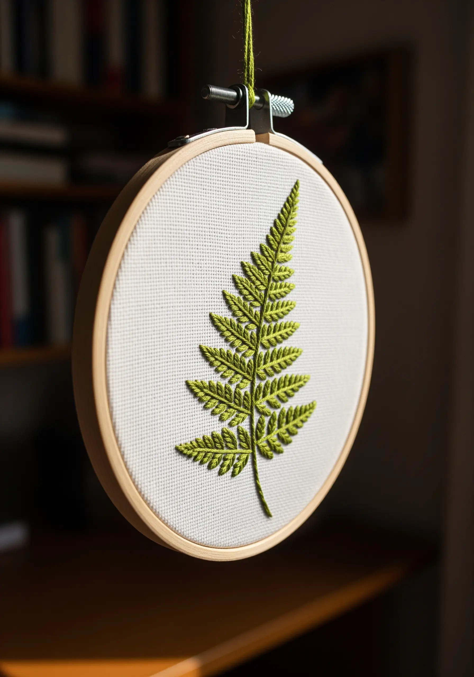 Detailed fern leaf embroidery with layered stitches on white Aida cloth in a hoop.