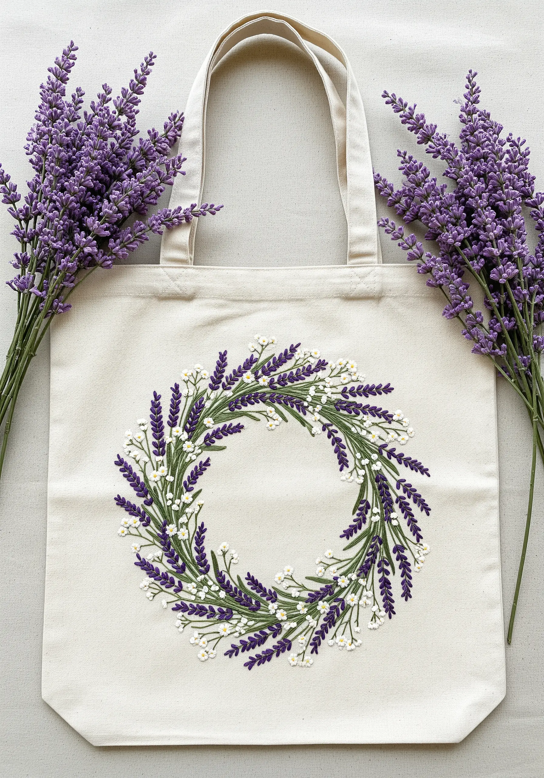 Embroidered wreath of lavender and tiny white flowers on a natural canvas tote bag.