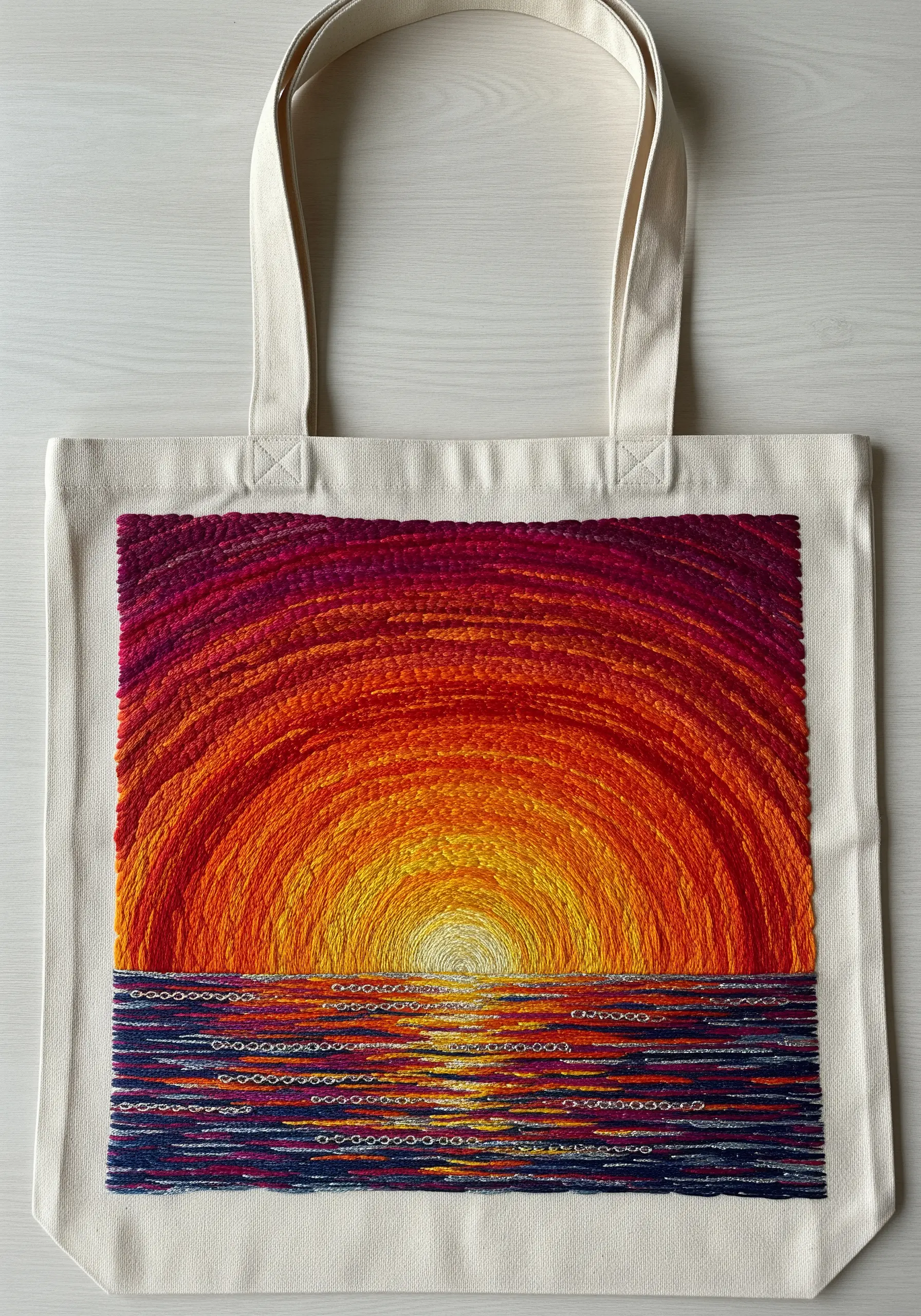 Dense sunset embroidery on a tote bag using a vibrant couching stitch technique.
