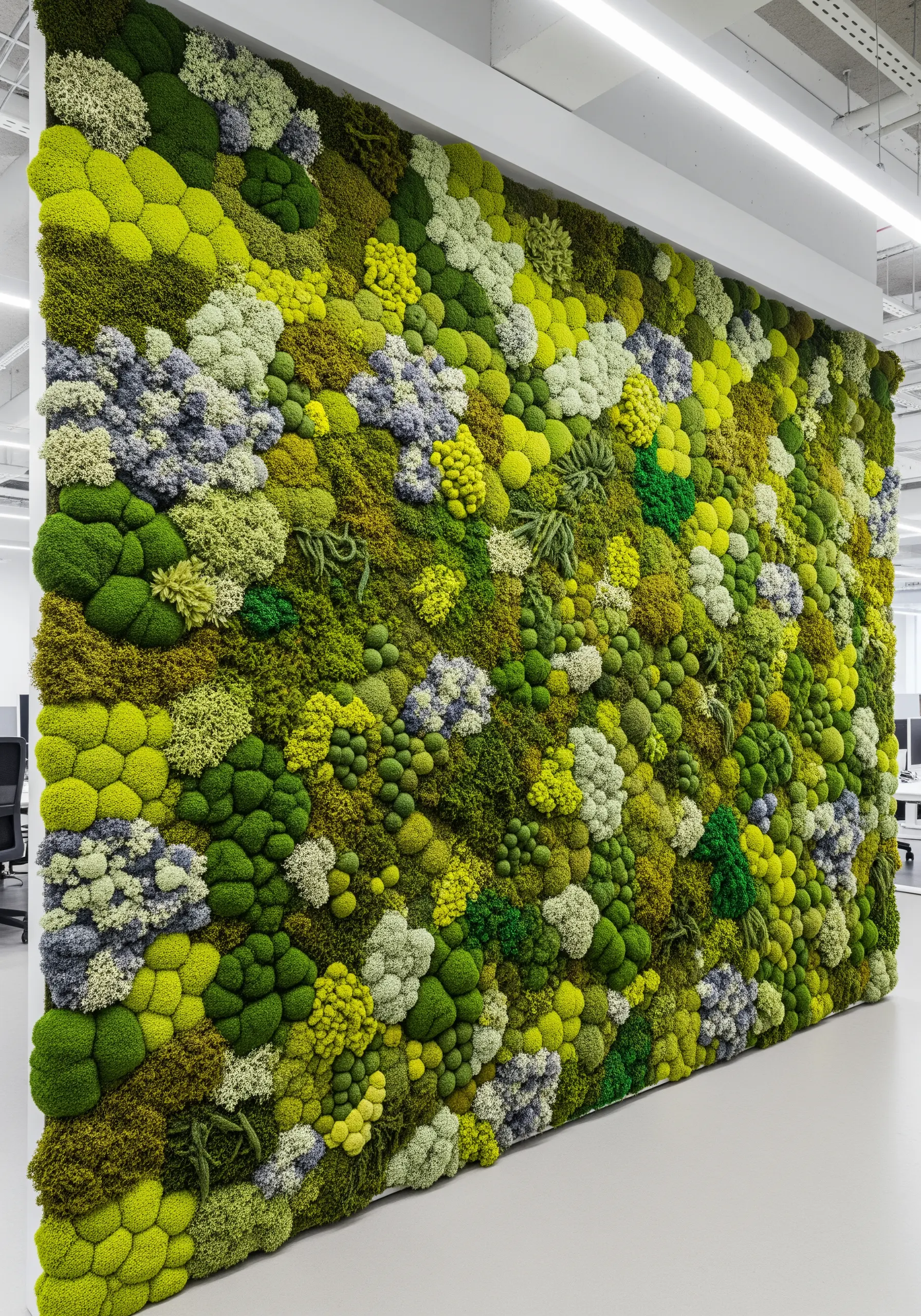 A large, dense wall covered in various types of preserved moss, creating a textured green surface.