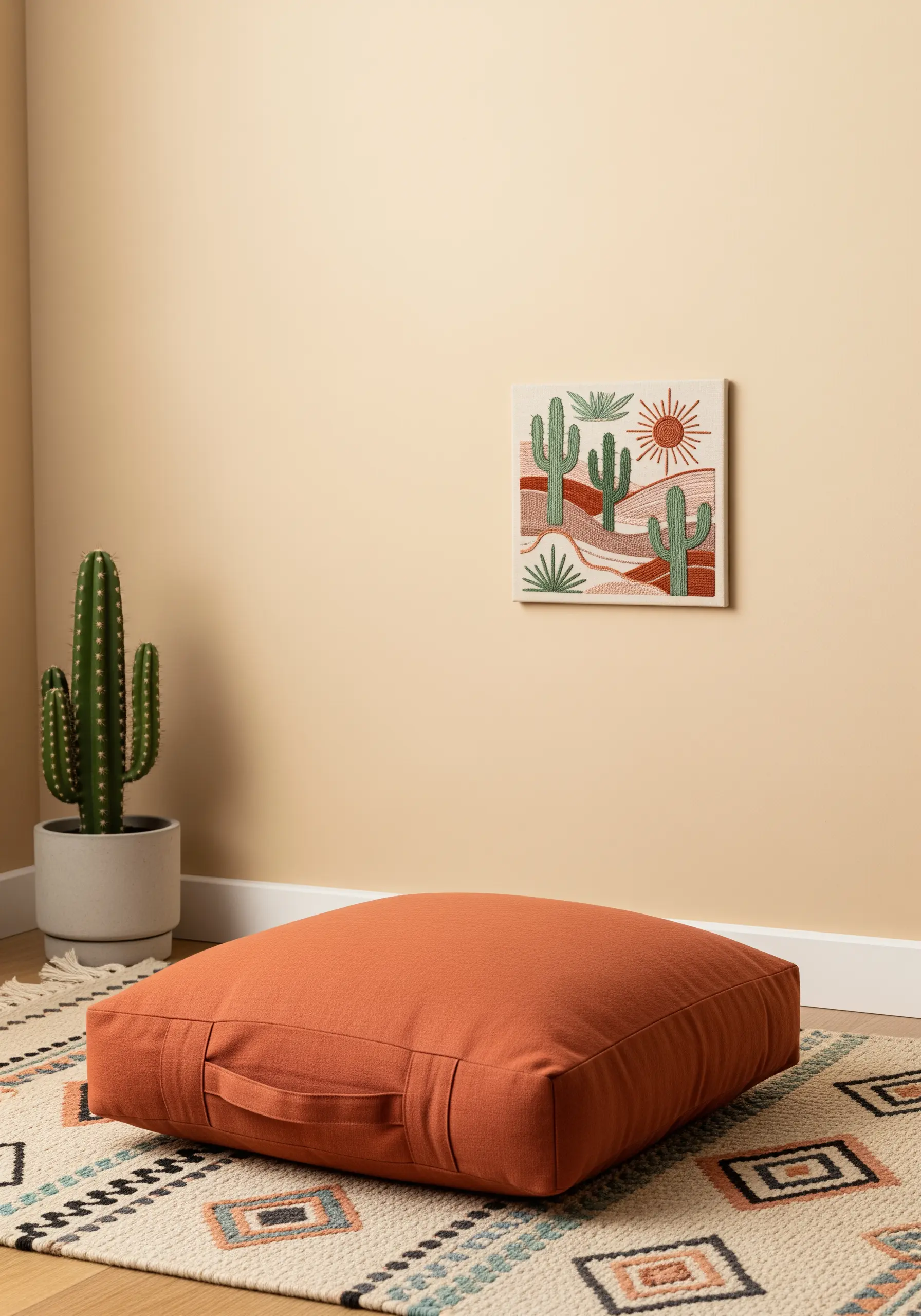 A stylized desert landscape with cacti and a sun, arranged like a mandala.