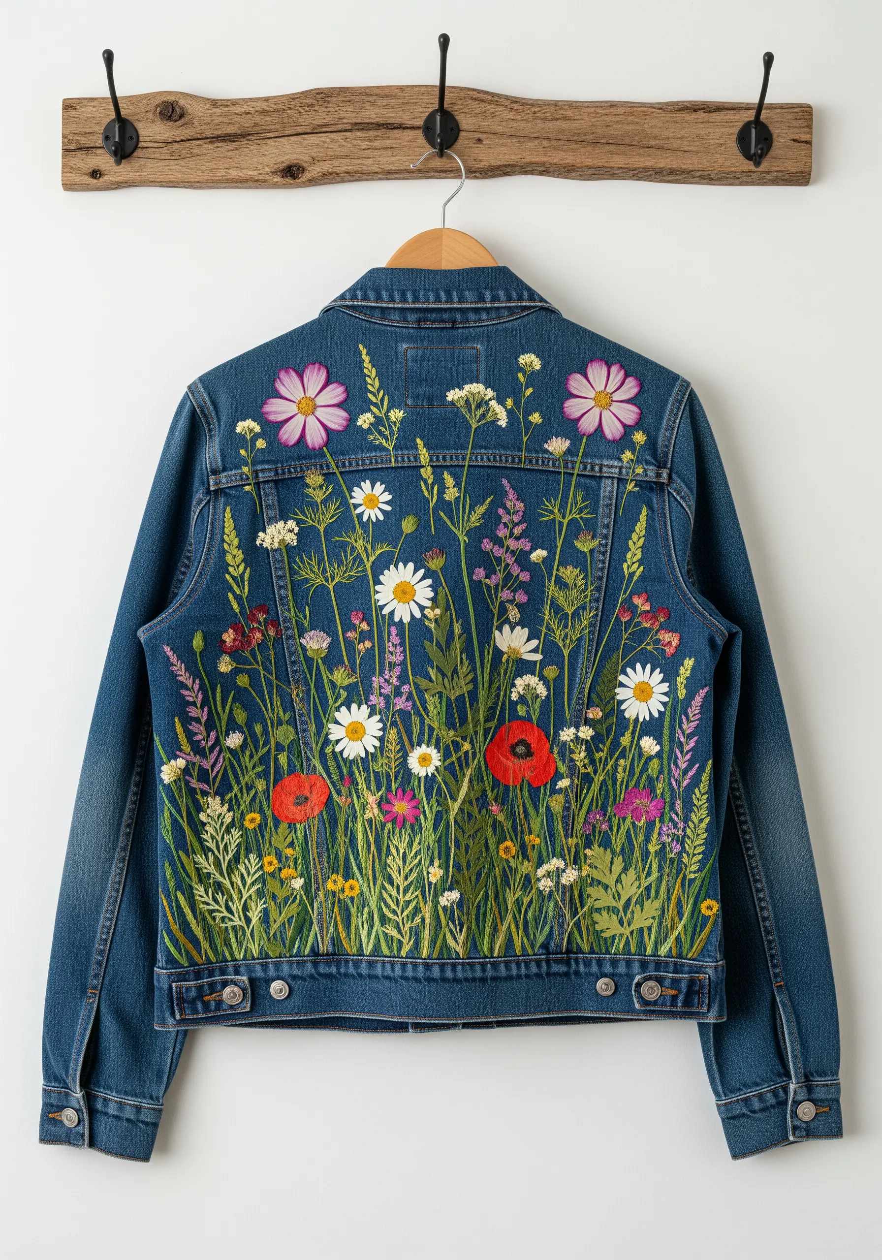 The back of a denim jacket fully embroidered with a dense, colorful wildflower meadow scene.