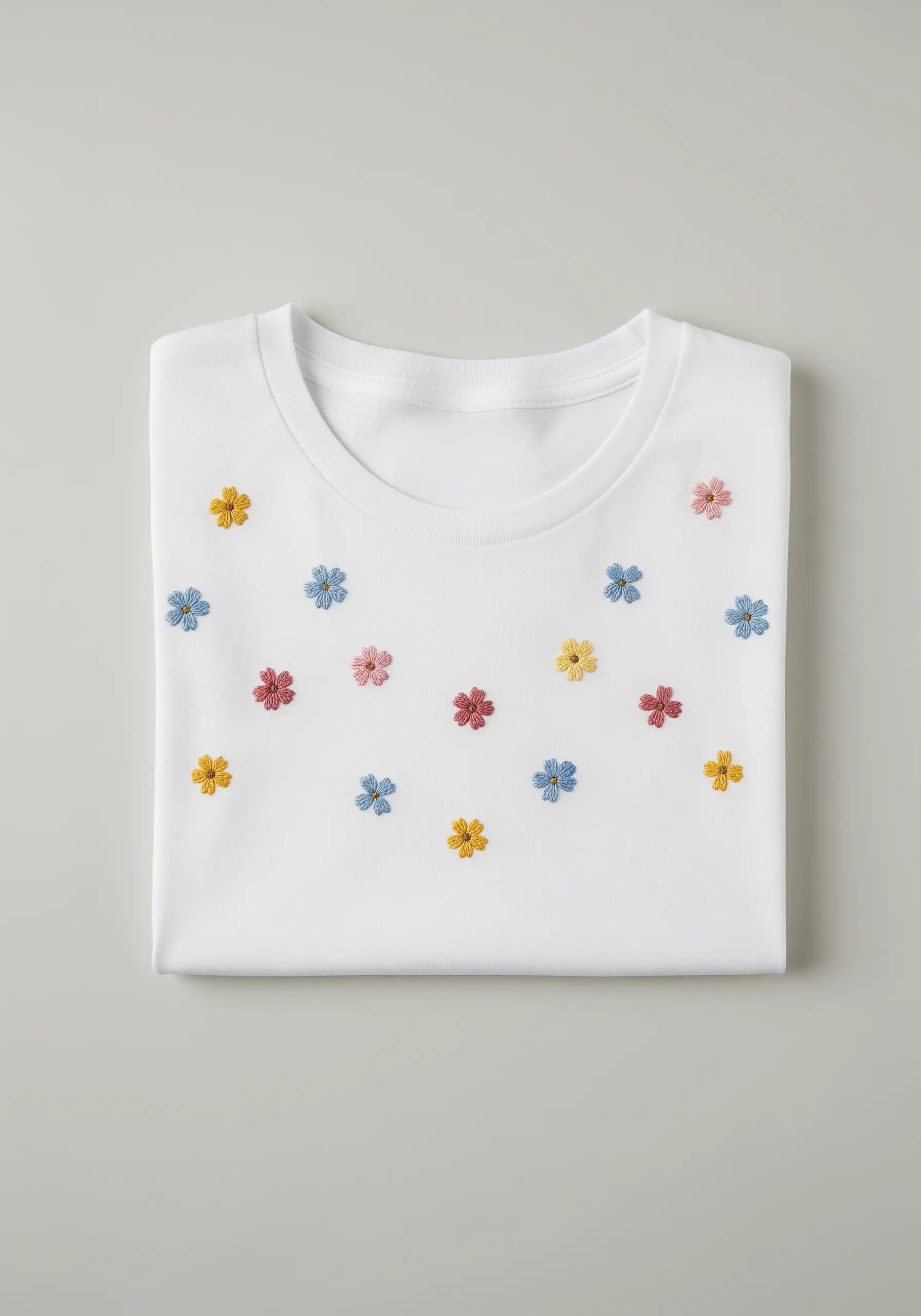 Tiny, colorful flowers scattered across the chest of a folded white t-shirt.